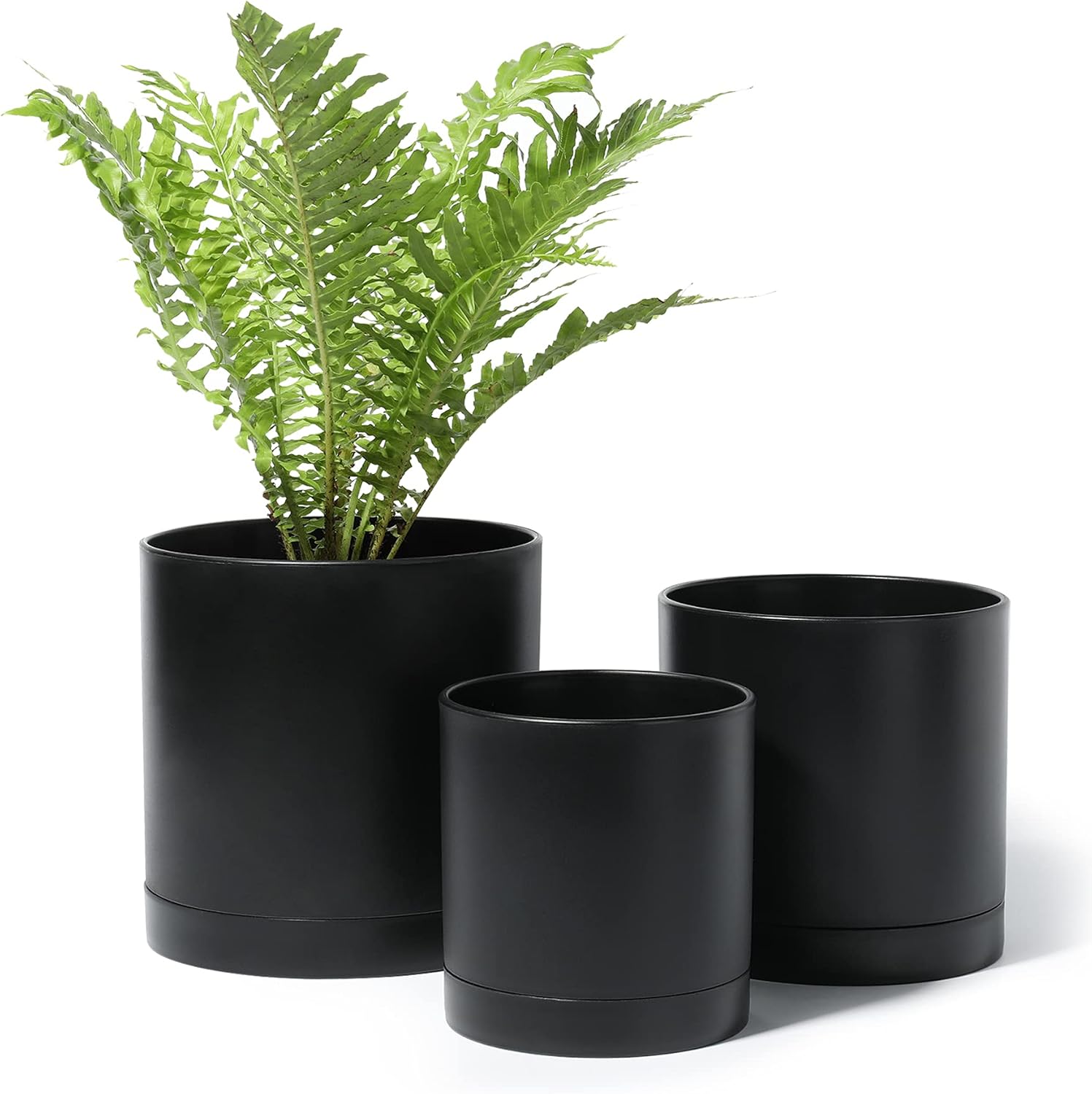 POTEY Plastic Plant Pot 7/6/5 Inch Indoor Pot with Drainage Hole and Trays for All House Plants - 006, Set of 3, Black