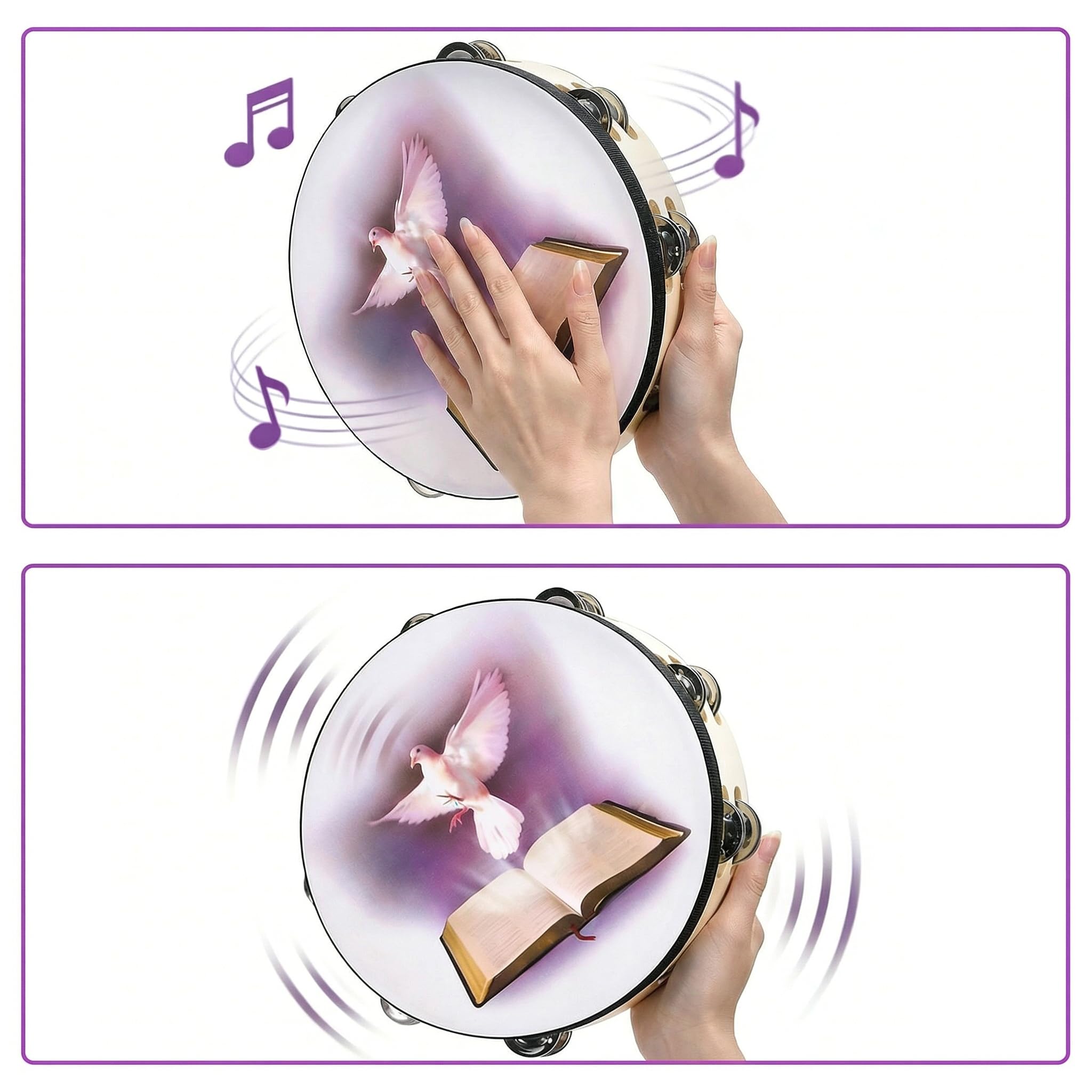 Elsjoy 2 Stück Tamburin, 25,5 cm und 20,5 cm Taube und Bibel Kirche Tamburin mit zweireihigen Schellen, Holz Handglocke Hand Clap Drum Percussion Instrument