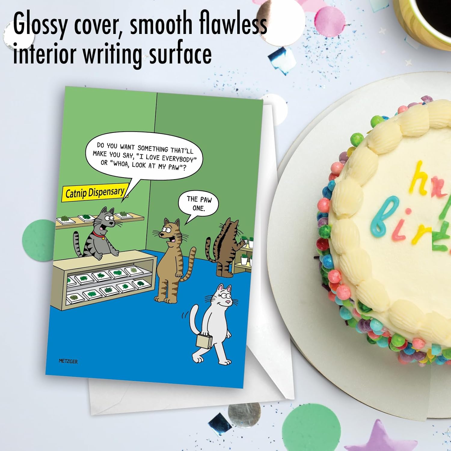 NobleWorks - 1 Funny Animal Card for Birthdays - Pet Cat and Dog Humor, Birthday Notecard with Envelope - Catnip Dispensary C9315BDG - Image 5