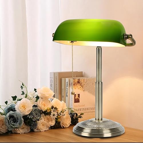 Miniatura 8 de LINNMON Bankers - Lámpara de escritorio, lámpara retro verde, lámpara vintage con interruptor de cadena para oficina en casa, bombilla LED incluida