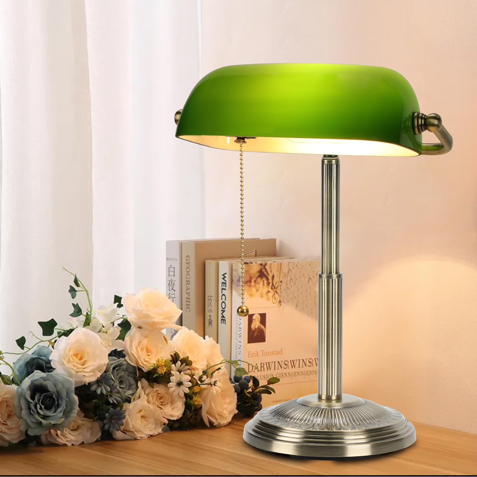 LINNMON Bankers Schreibtischlampe, grüne Retro-Lampe, Vintage-Lampe mit Zugkettenschalter für Home Office (Messing + Grün)