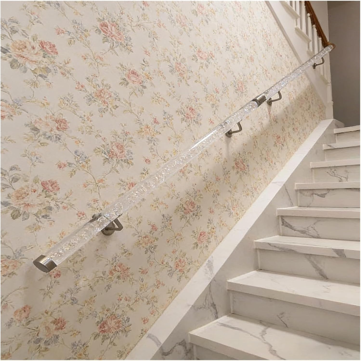 Indoor Stair Handrail Wall-Mounted Transparent Hand Rails Stair Railings with Bubble, Staircase Handrail Kit with End Caps & Brackets(Silver,140cm/4.5ft/55in)