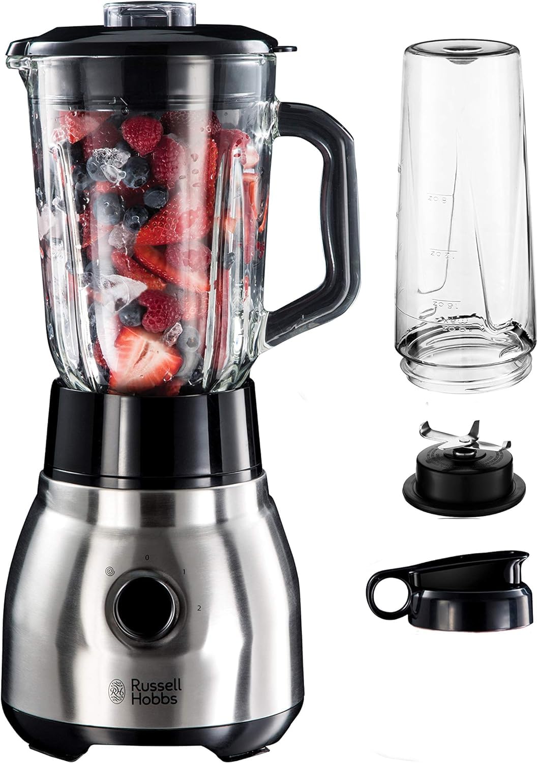 Russell Hobbs Batidora de Vaso 2 en 1 Smoothie, Jarra de Cristal 1,5L, para Zumos y Batidos 23821-56 + Vaso Accesorio con Tapa para Llevar