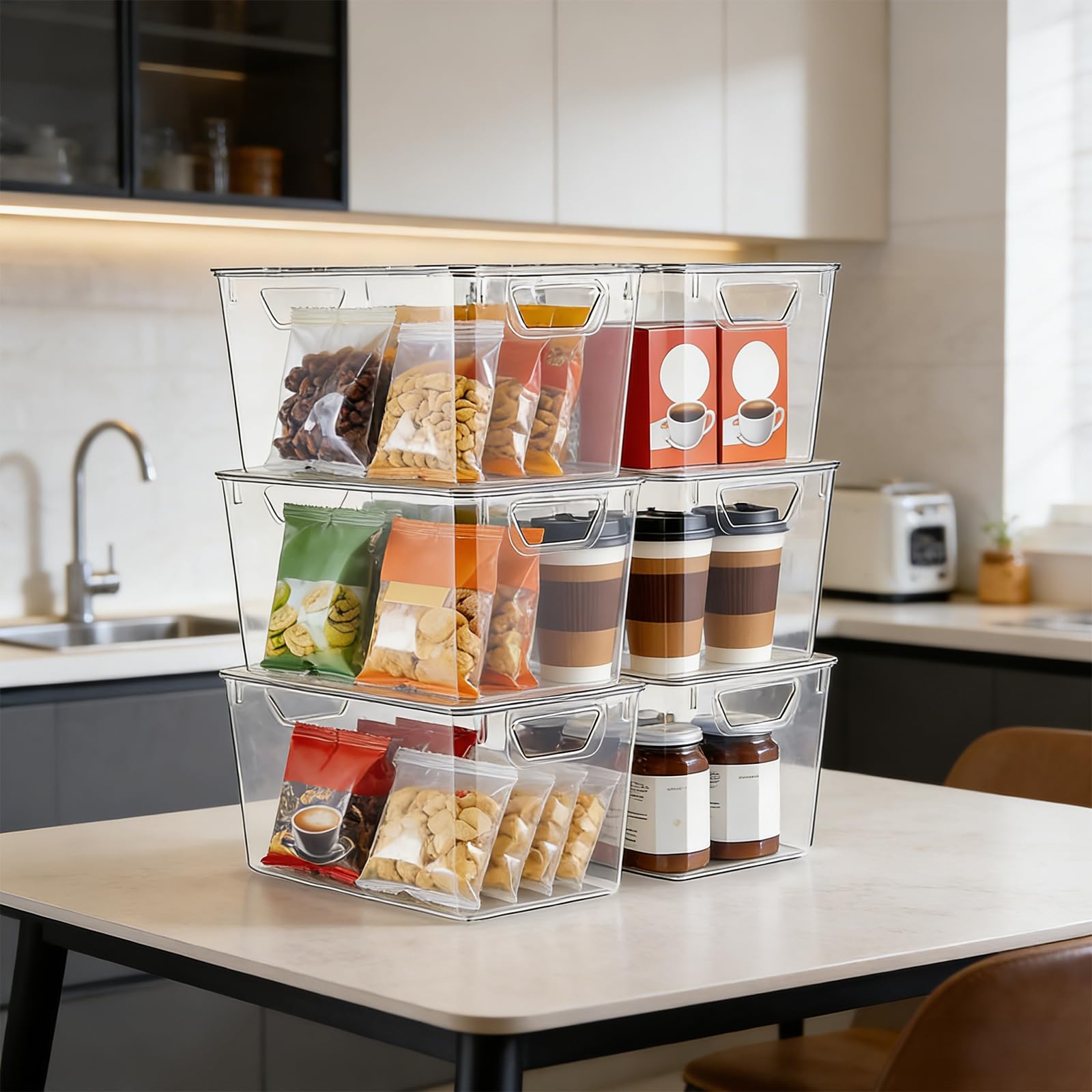 Juego de 6 cajas de almacenamiento con tapa, 29 x 18 x 15 cm, organizadores transparentes para frigorífico, cajas de plástico apilables con asas para cocina, despensa, baño y oficina