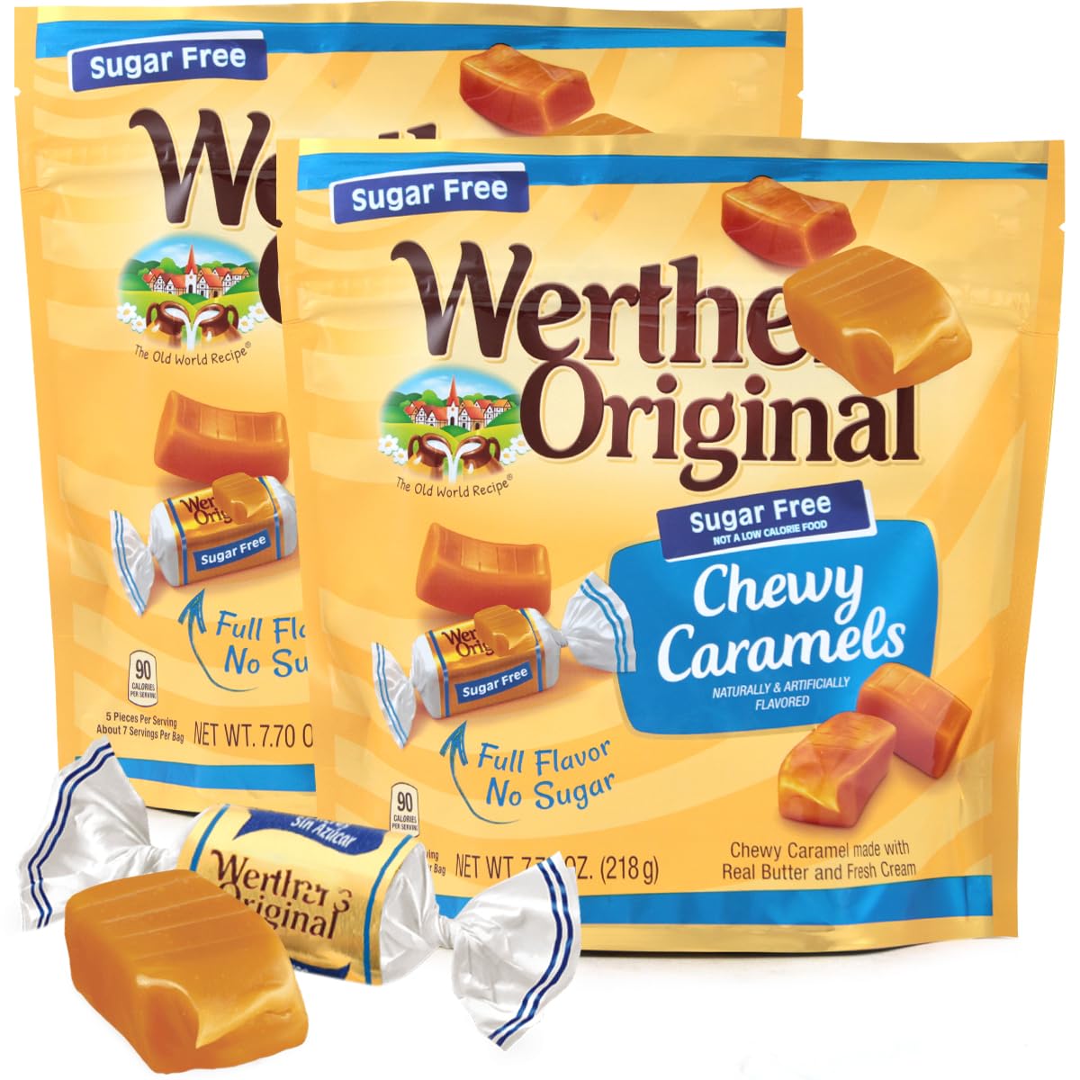 Werther's Original Chewy Caramel Candy, Individually Wrapped Werther's Chewy Caramels, Ideal Sugar Free Candy, Perfect Sugar Free Caramel for Chewy Candy Lovers. 2 Pack 7.7oz Each.
