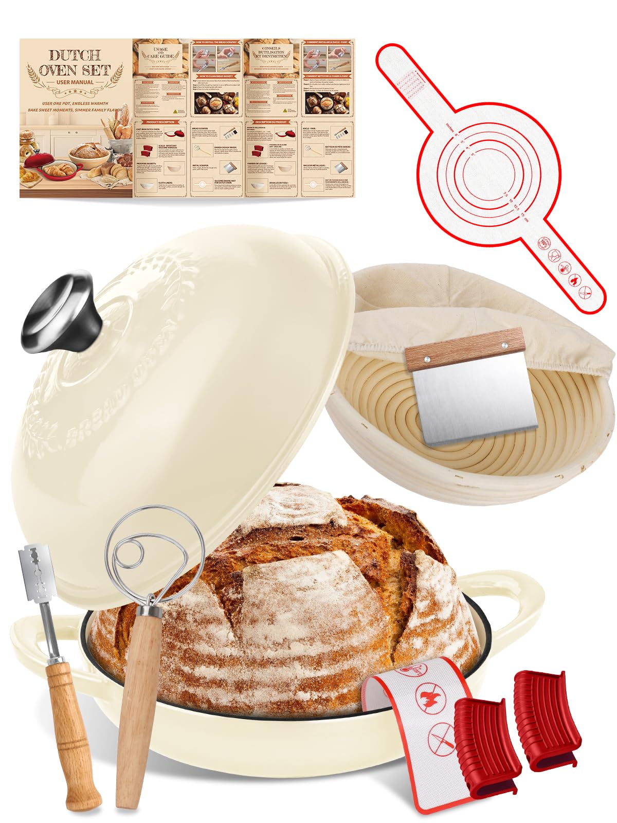 Dutch Oven Bread Baking Pot with Lid 6QT Enameled Cast Iron Oven, White Design &amp; Complete Sourdough Kit (Banneton Basket, Dough Tools, Silicone Sling) for Artisan Bread Making