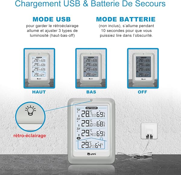Thermomètre Intérieur Extérieur Sans Fil, Affichage De 11.5CM Thermomètre Hygromètre Numérique Moniteur D’humidité Et De Température Avec Capteur De Portée De 100 mètres Rétroéclairage Réglable - 4
