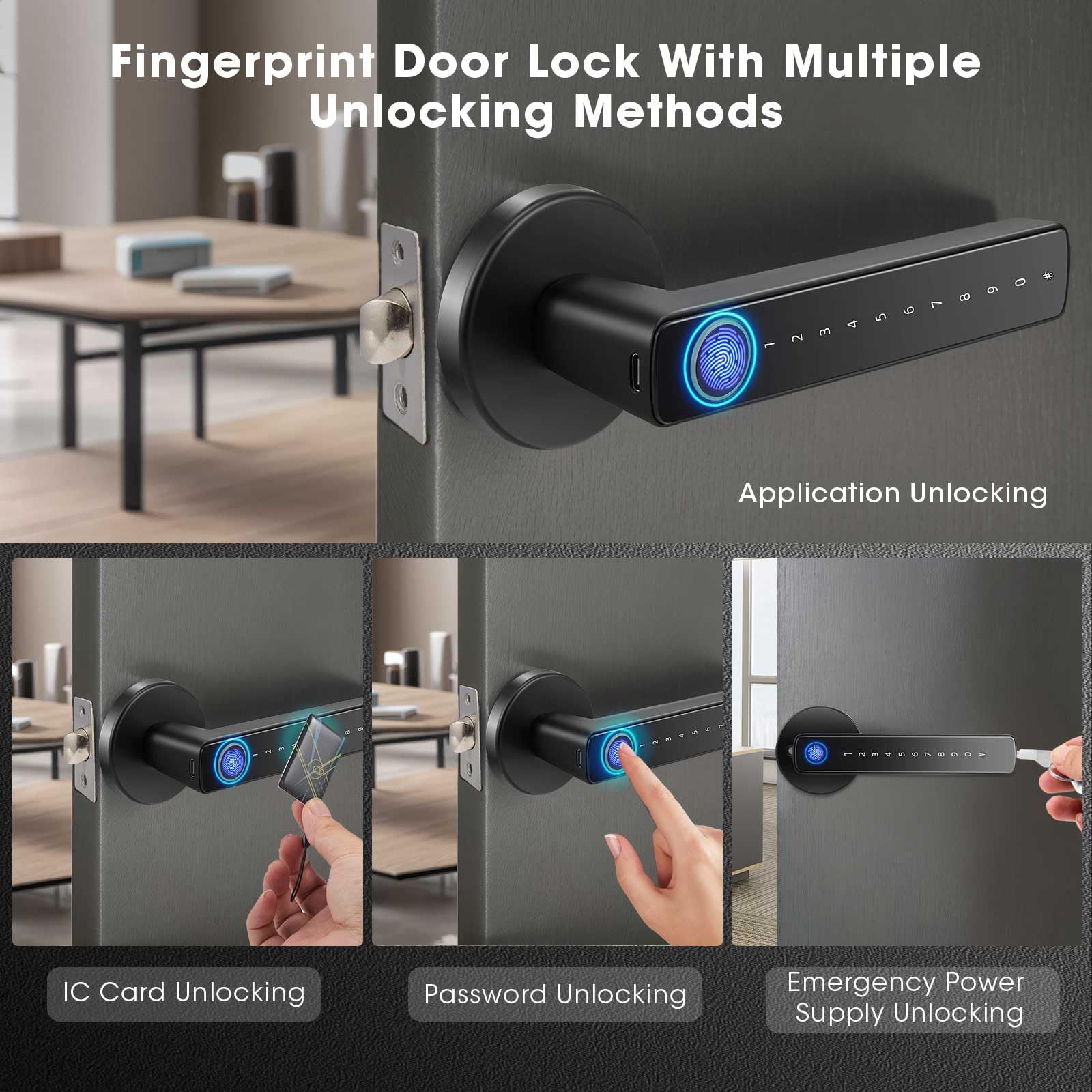 6 En 1 Cerradura Inteligente para Puerta De 3-5.5 cm De Grosor, Cerradura Electrónica Biométrica de Huellas Dactilares Inteligente para El Hogar Tuya App, Apartamento, Oficina (negro)