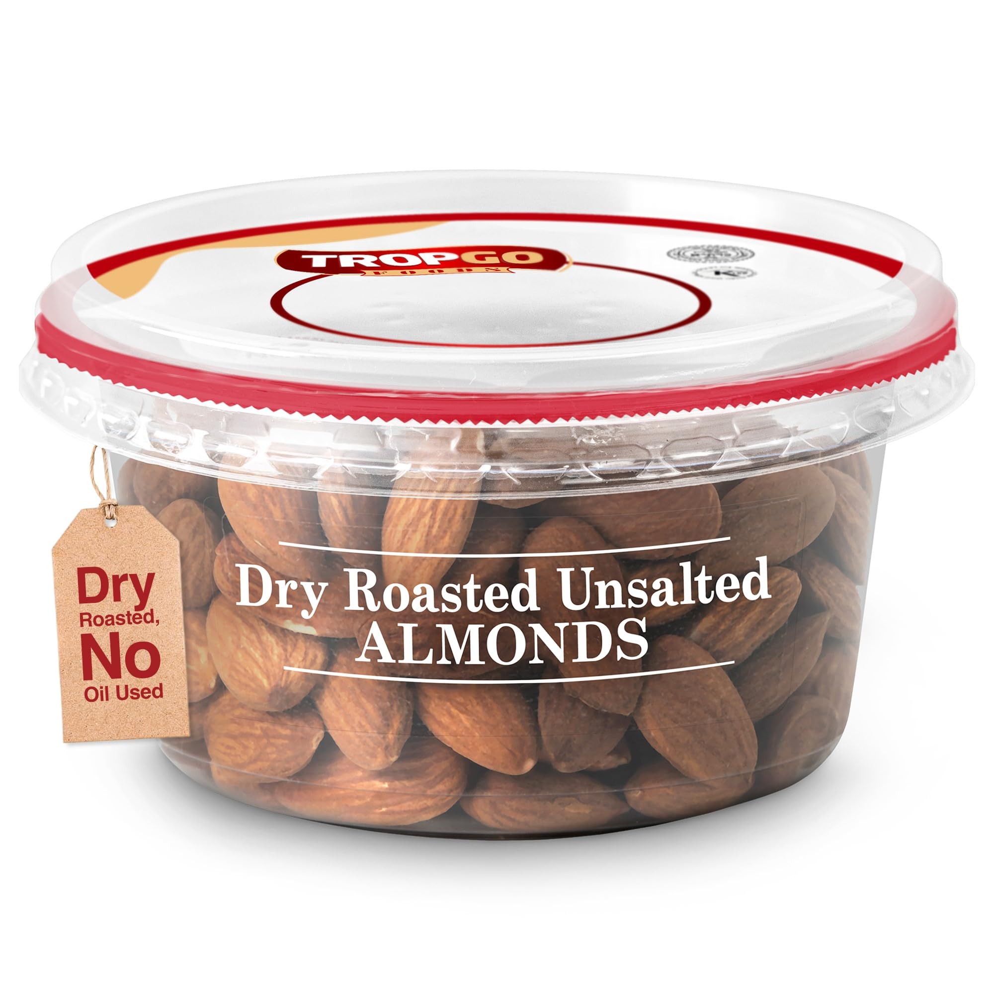 Tropgo Dry Roasted Unsalted Almonds 180g - Dry Roasted, No Oil Used, Nuts in Resealable & Recyclable Tub - Wholesome Trail Mix with Fibre, Protein, and Essential Minerals - Healthy Snacks for All Ages