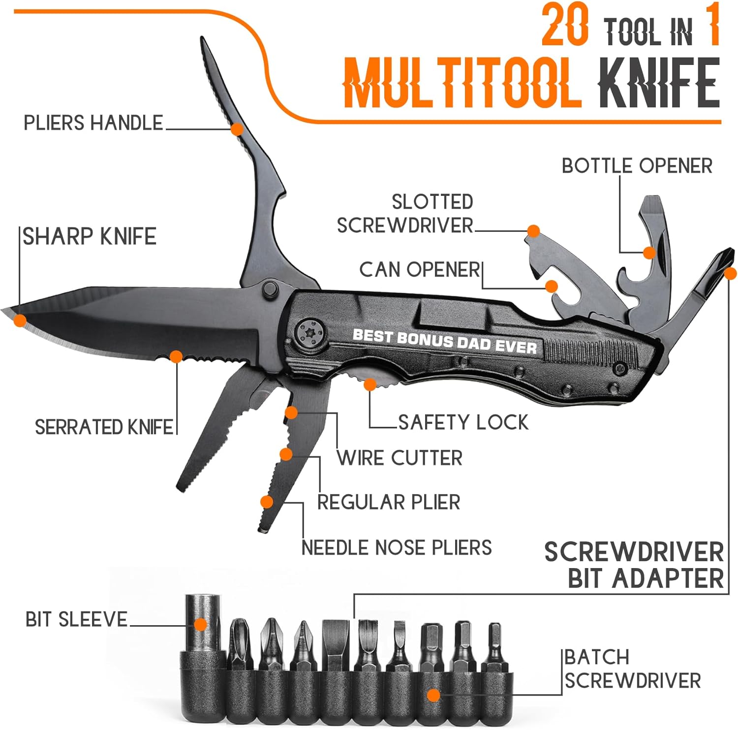 Bonus Dad Gifts, Multitool Knife, Bonus Dad Christmas Practical Gifts, Bonus-Dad Fathers Day Birthday Gift, Gift for Camping, Hiking, Fishing, 20 in 1 Multitool