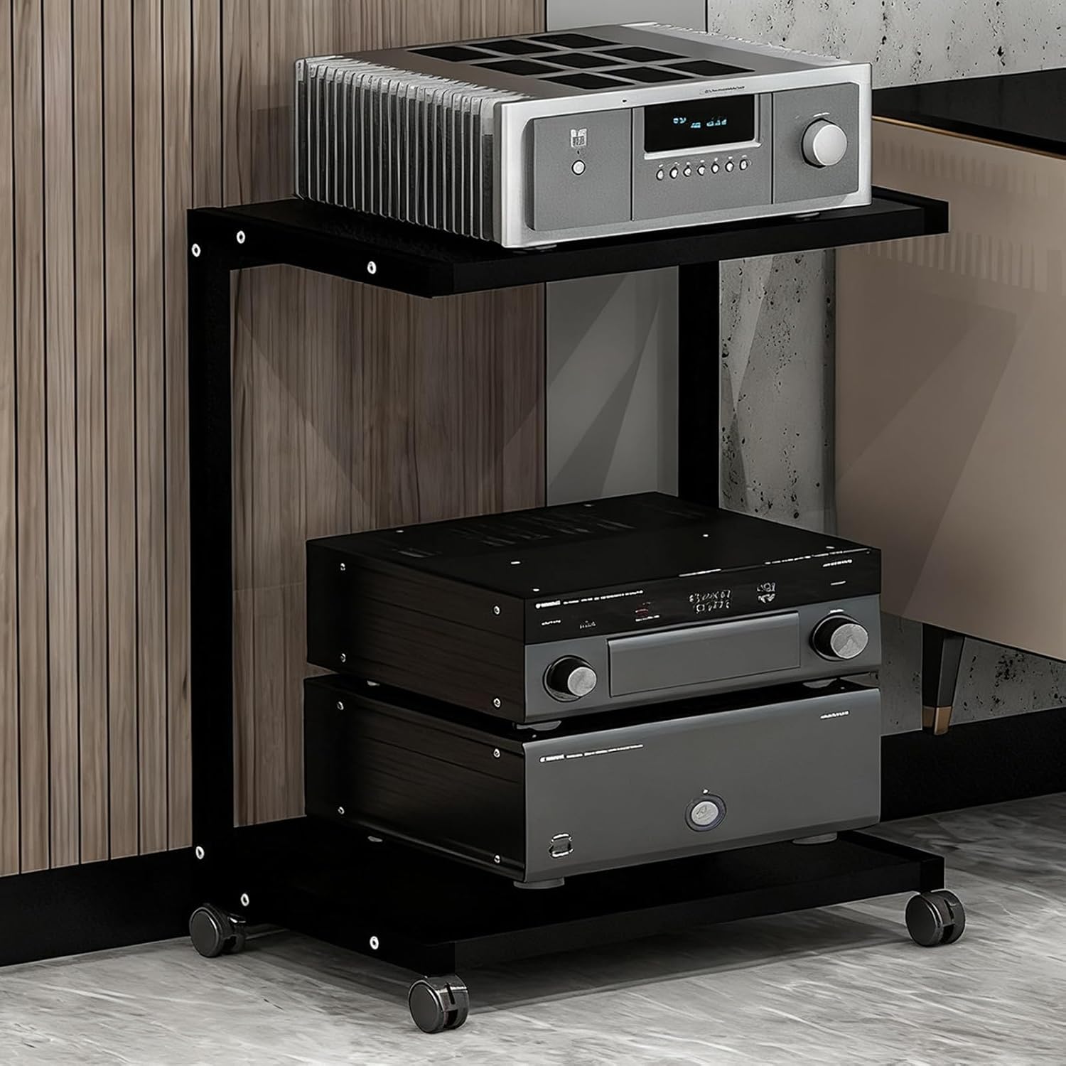 Movable AV Media Stand on Wheels, 2-Tier Open Storage Rack for HiFi Stereo & Video Equipment, Space-Saving Metal Audio Rack, Easy Assembly (Black)