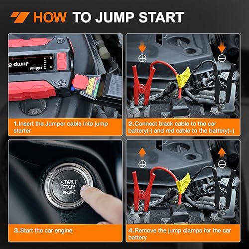 Miniatura 4 de Nilight Arrancador de batería de coche de 2000 A para motores de gasolina de hasta 8.0 L y 7.0 L diésel de 12 V, caja de salto portátil con cables