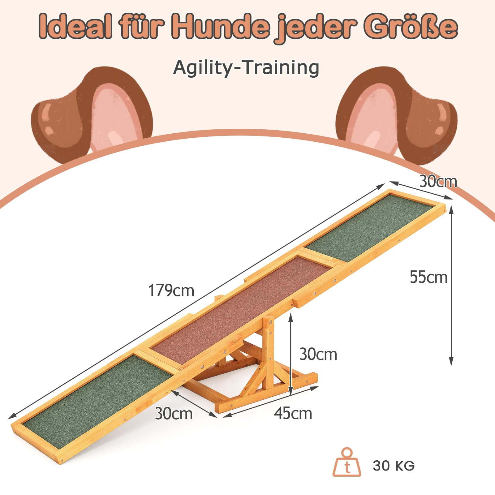 COSTWAY Hundewippe Holz, Hunde Agility Wippe, Outdoor Hundesport für Balance-Training, für kleine & große Hunde bis 60 kg, wetterfestes Spielset, 179 x 30 x 55 cm (Gelb)