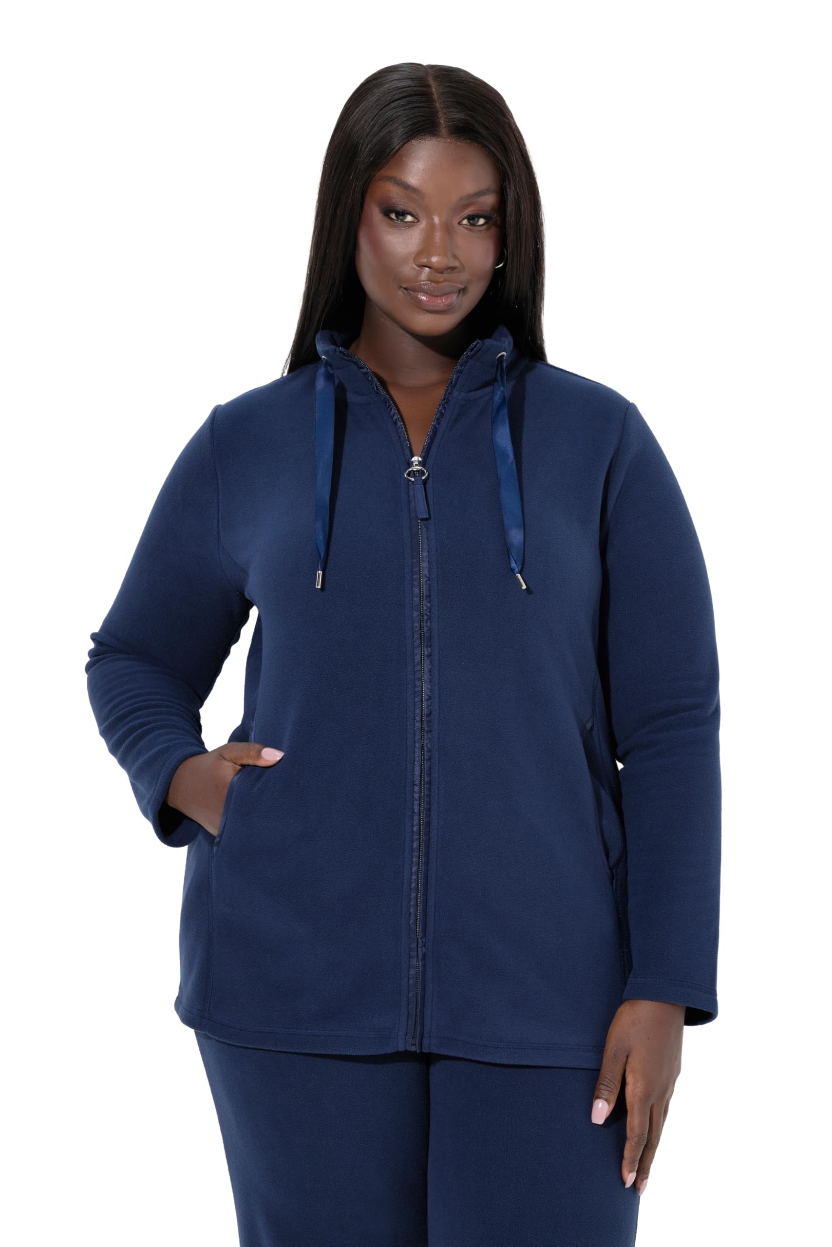Ulla Popken Damen große Größen Übergrößen Plus Size Loungewear-Jacke, Fleece, Satinband, Stehkragen, recycelt 845218
