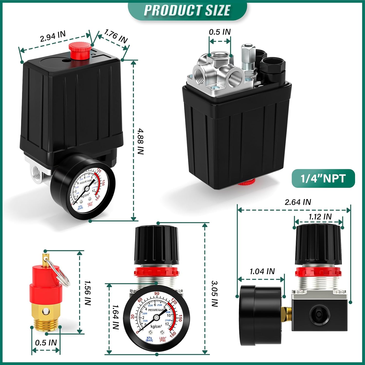 4 Way Air Compressor Pressure Switch Control Valve Kit 90-120 PSI, 1/4" NPT Port, 110V-240V, 0-180 Pressure gauge with 4 Way Valve Air Pressure Regulator