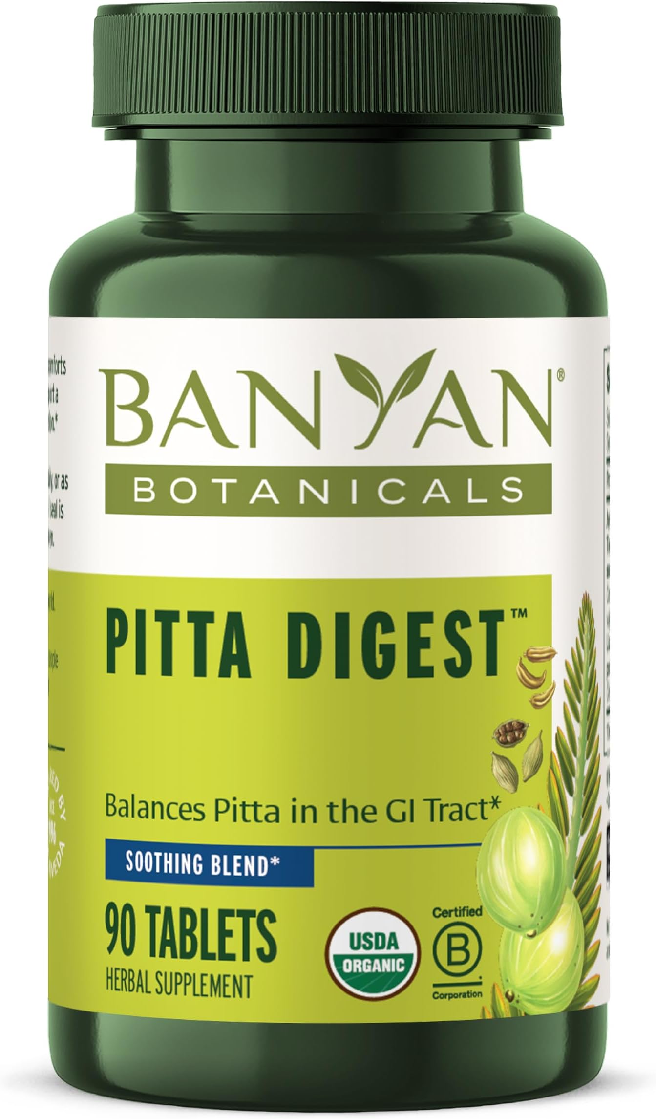 Banyan Botanicals Organic Pitta Digest – Cooling Digestive Supplement for Post-Meal Comfort – Soothing Gut Health Aid with Guduchi, Amla & CCF – 90 Tablets – USDA Organic