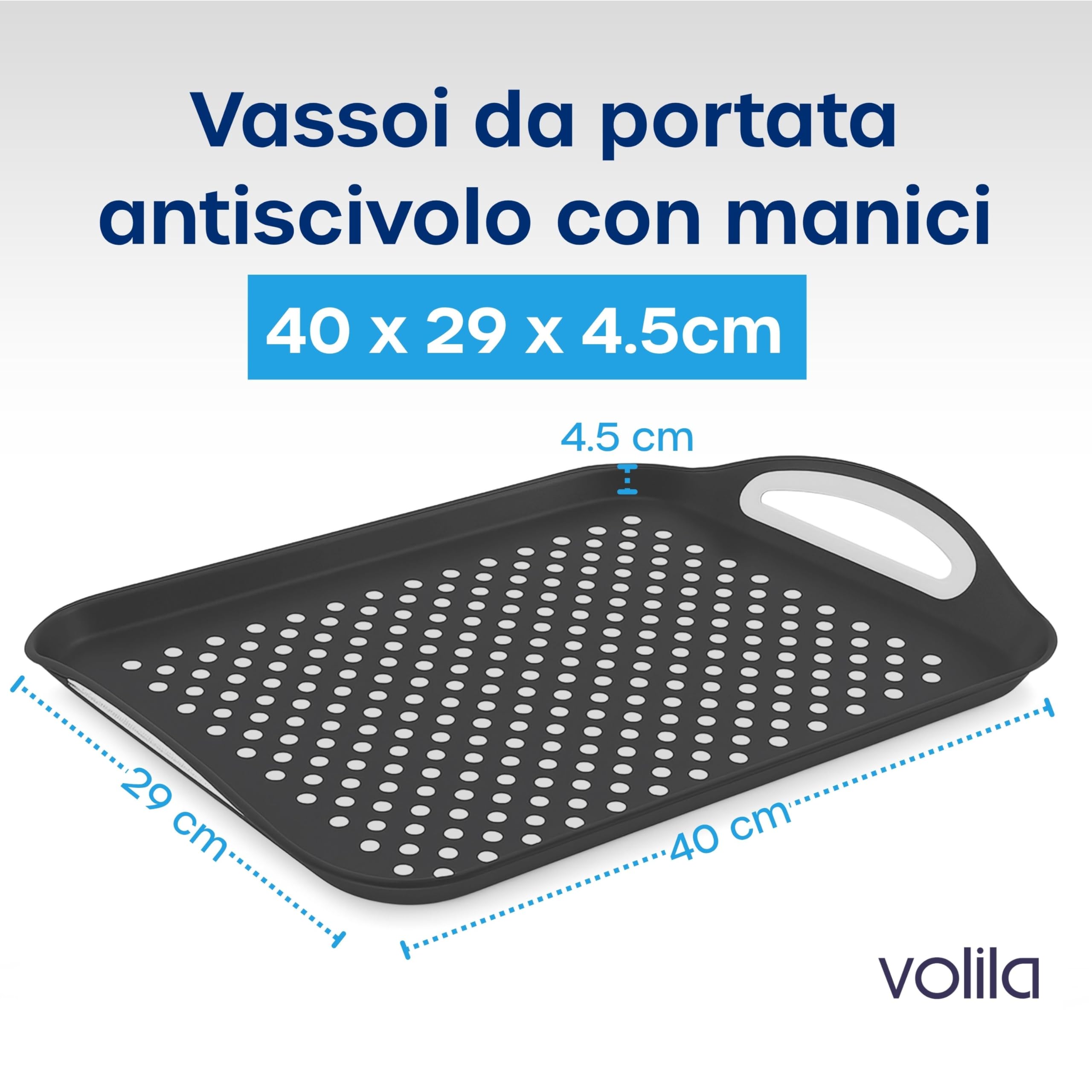 Volila Vassoio Antiscivolo (4 pezzi, 41 x 29 x 4,5 cm) - Vassoio da Servizio Bianco e Nero con Manico - Per Vassoio del Caffè e Alimentare