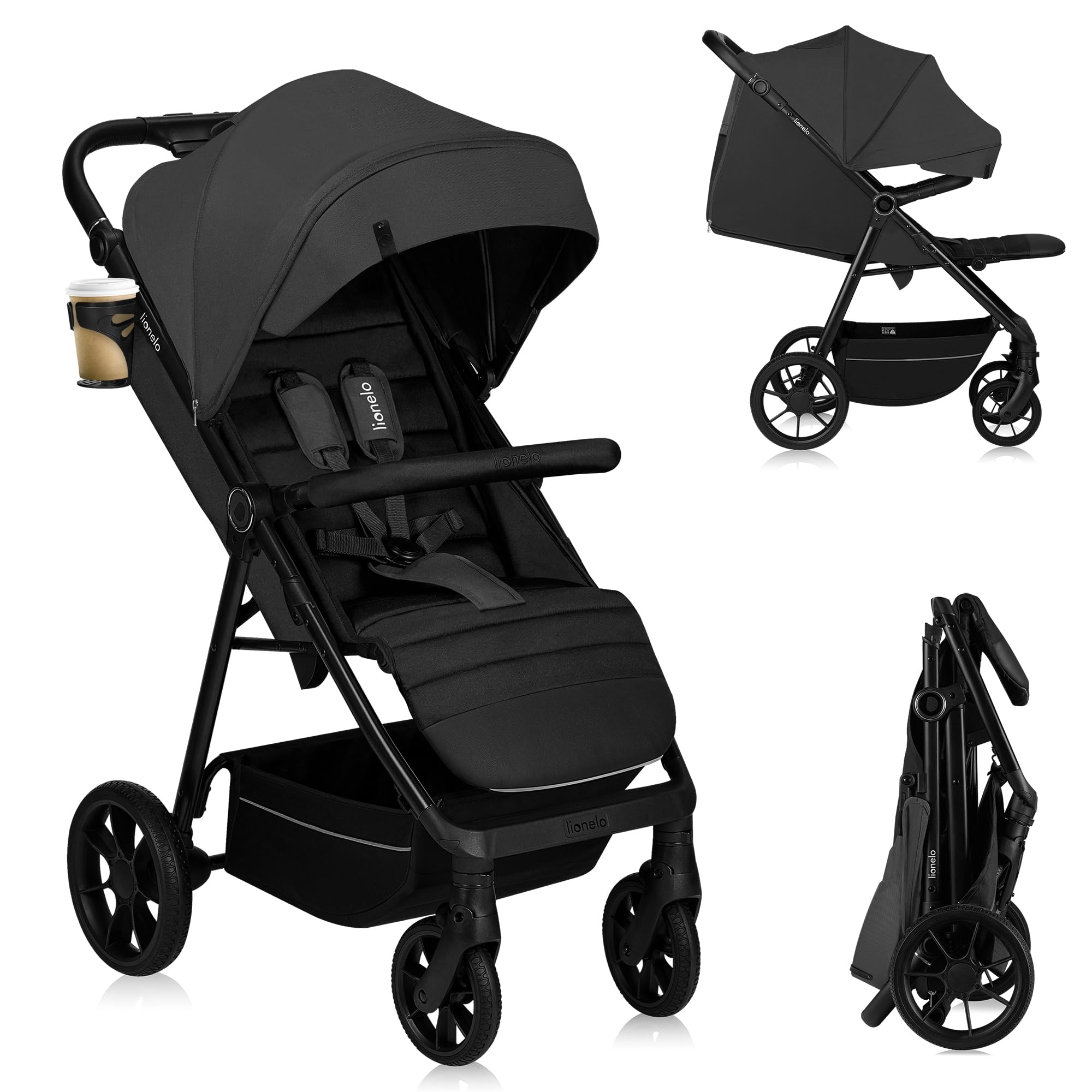 LIONELO Passeggino compatto e laggero MIRA per bambini da 6 mesi a 4 anni/ 22 kg, Ruote girevoli a 360° Sospensione completa, Schienale e Poggiapiedi regolabili, Capottina XXL UPF50+, Ampio cestino