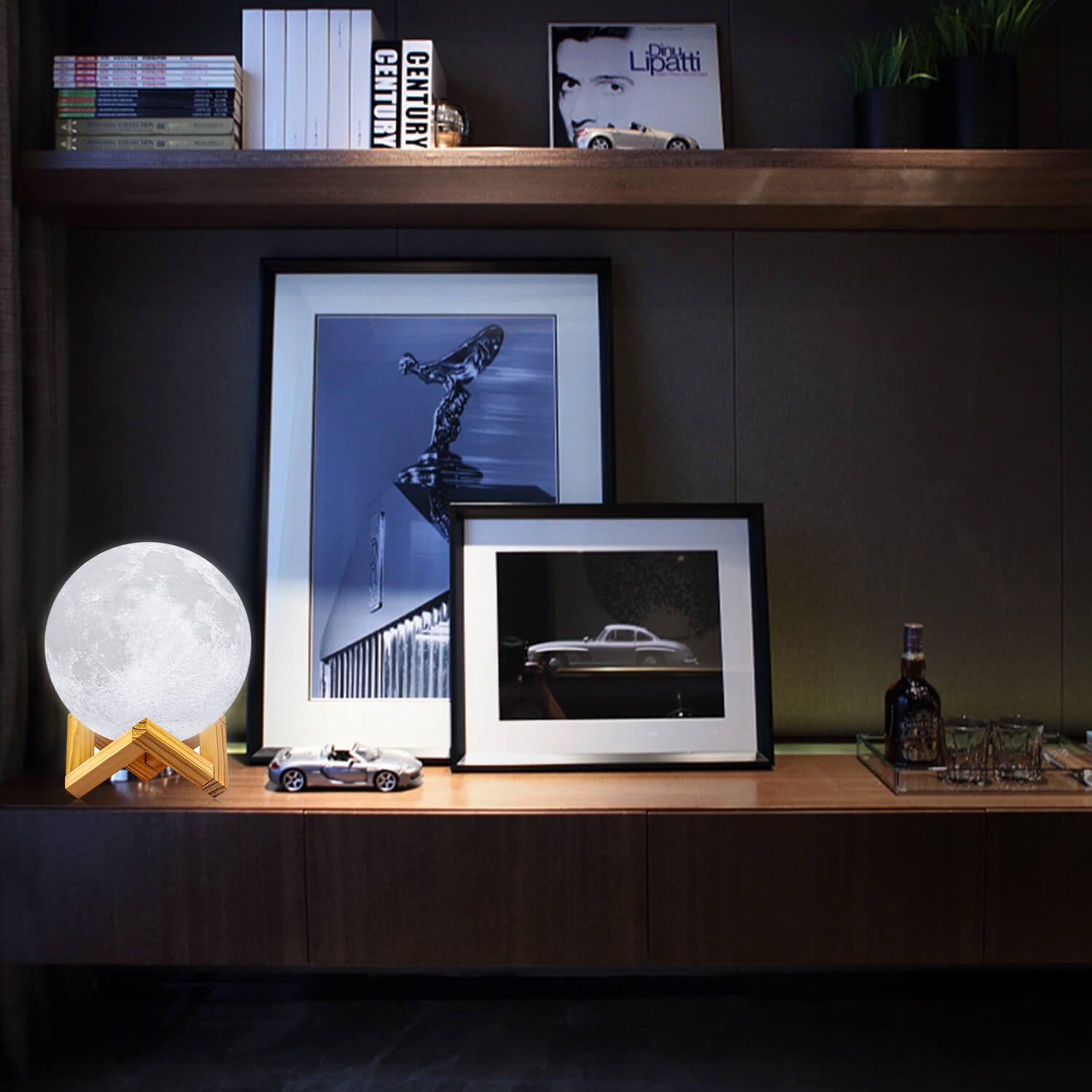 LOGROTATE Moon Lamp, 3D Printing LED Night Light Moon Light with Stand, Warm & Cool Two Colors and Dimmable, USB Rechargeable for Kid Lover Birthday Day Gifts (4.7 inch)