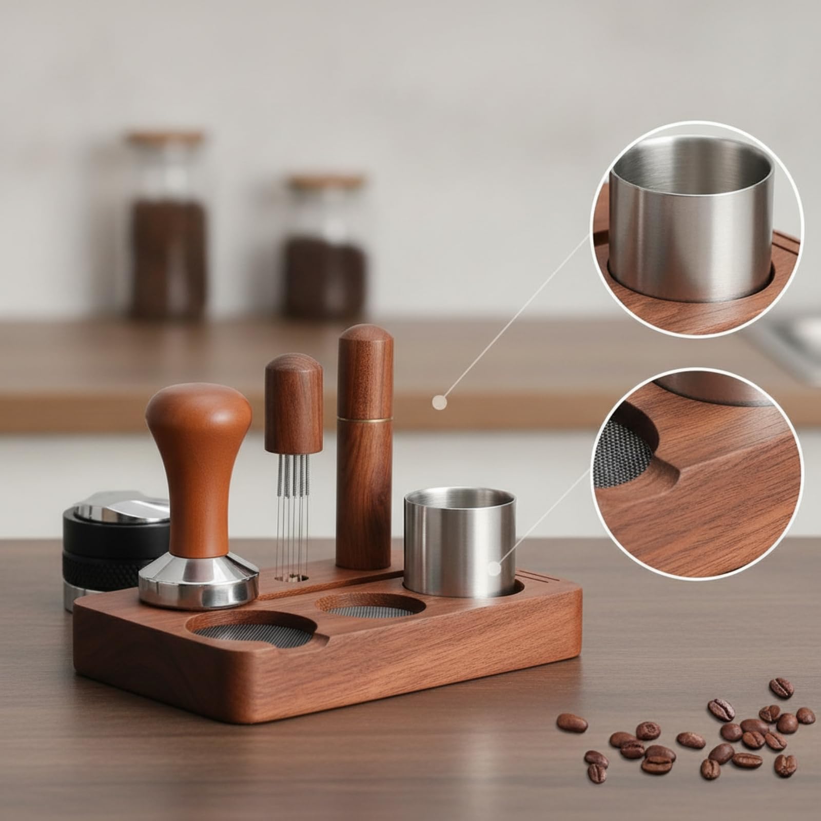 Colcolo Equipo de de Café Estación para Accesorios Espresso Kit Distribuidor Embudo Portafiltro Pantalla Puck Herramienta Pin Cepillo Profesional Madera Metal Adecuado para Oficina