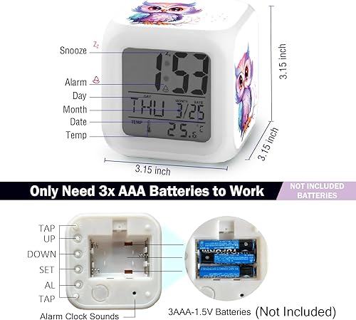 Miniatura 5 de Reloj despertador para niños con patrón de búho, funciona con pilas, reloj despertador de escritorio brillante para niñas de 6 a 13 años de edad,