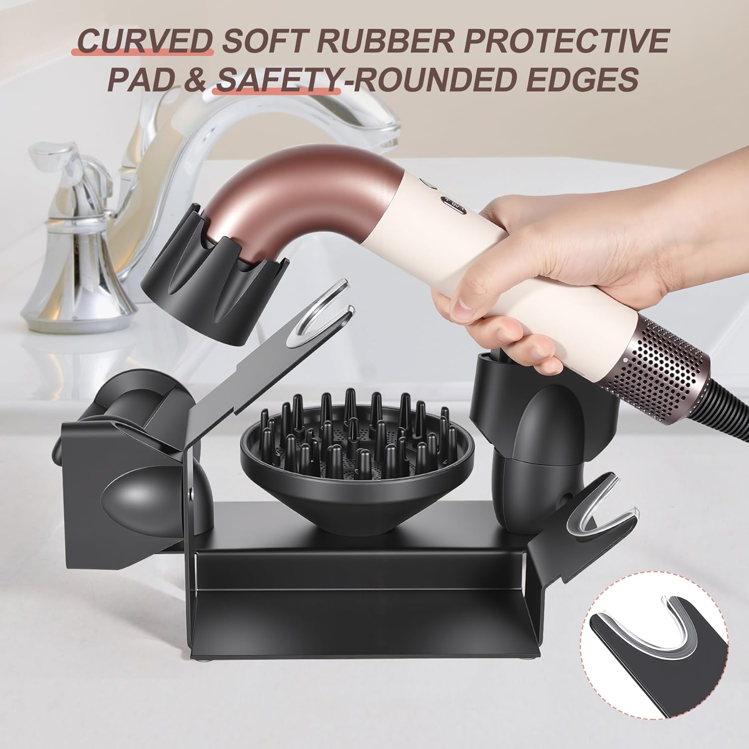 Affogato Hair Dryer Holder Stand Compatible with Dyson Supersonic r, Magnetic 4 Holes Countertop Hair Dryer Organizer, Steel Storage Rack for Attachments Diffuser/Nozzles