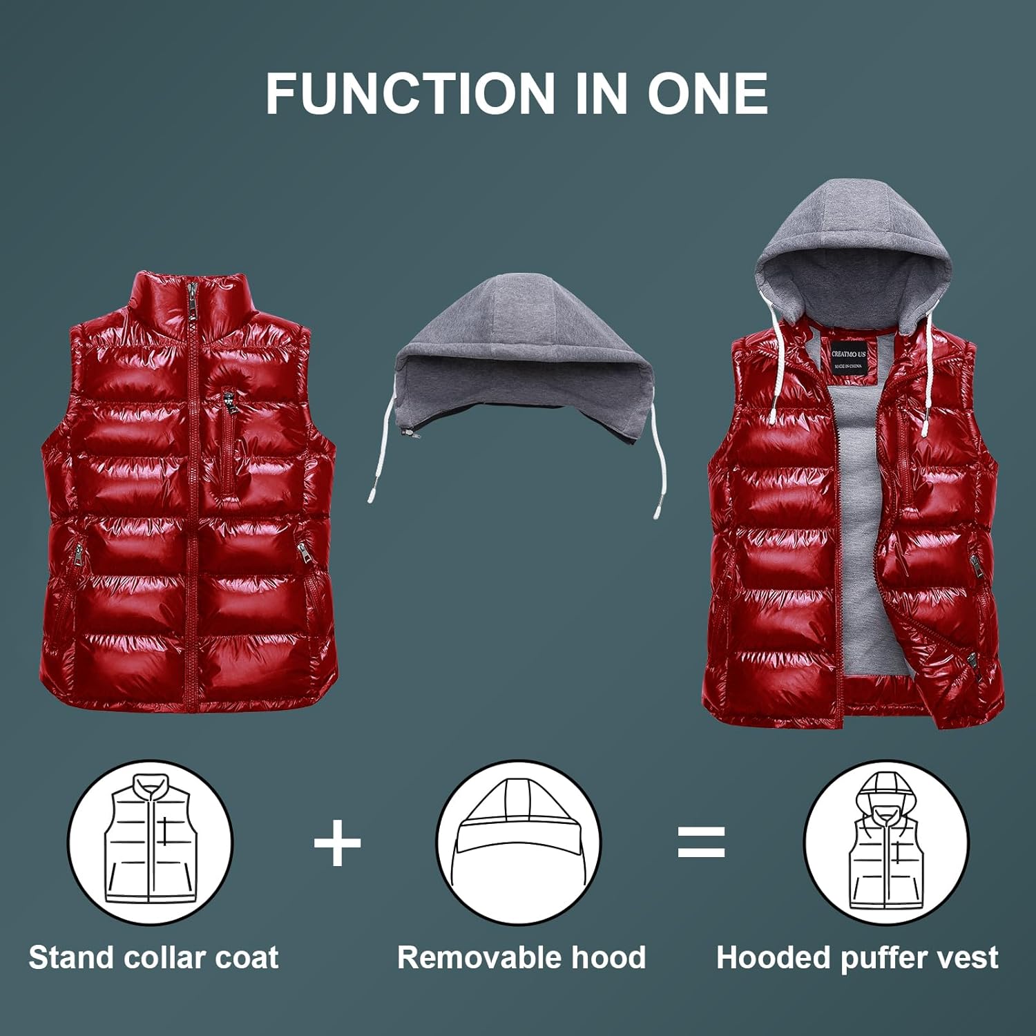 CREATMO US Women's Warm Vest Outerwear Thick Padded Puffer Sleeveless Vest With Detachable Hood