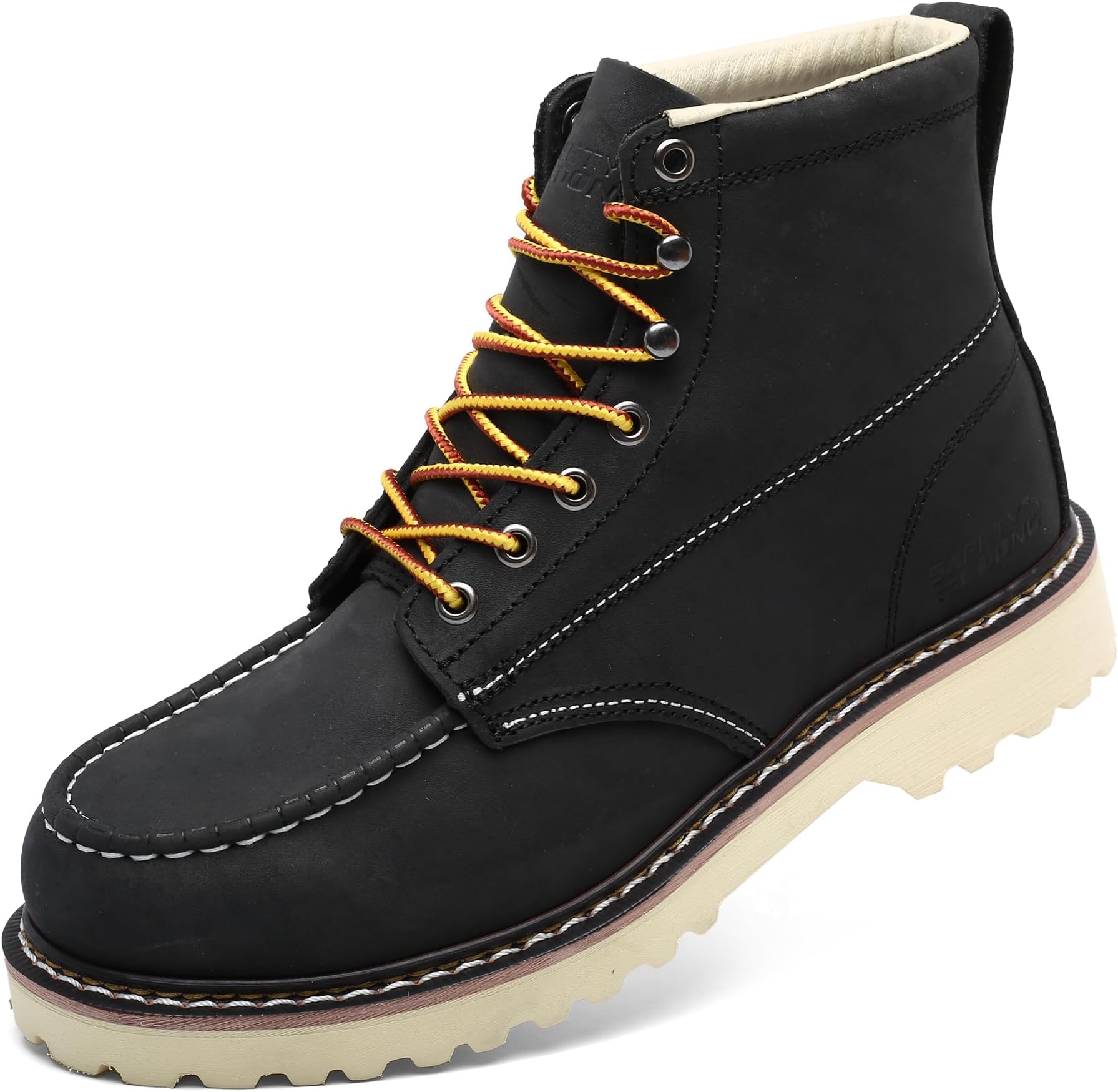Moc Toe Work Boots for Men Soft Toe Comfortable Full-Grain Leather 6" Non Slip and Water Resistant Safety Ankle Workboots
