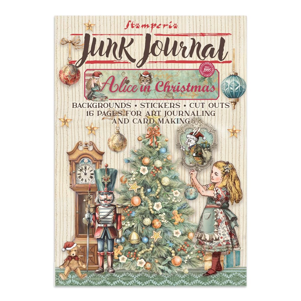 Stamperia - Junk Journal Kit for Scrapbooking, Albums, Card Making and Bullet Journalling, Assortment of Tools and Materials, Perfect for Hobbies, Crafts, and Gifting (Alice in Christmas)