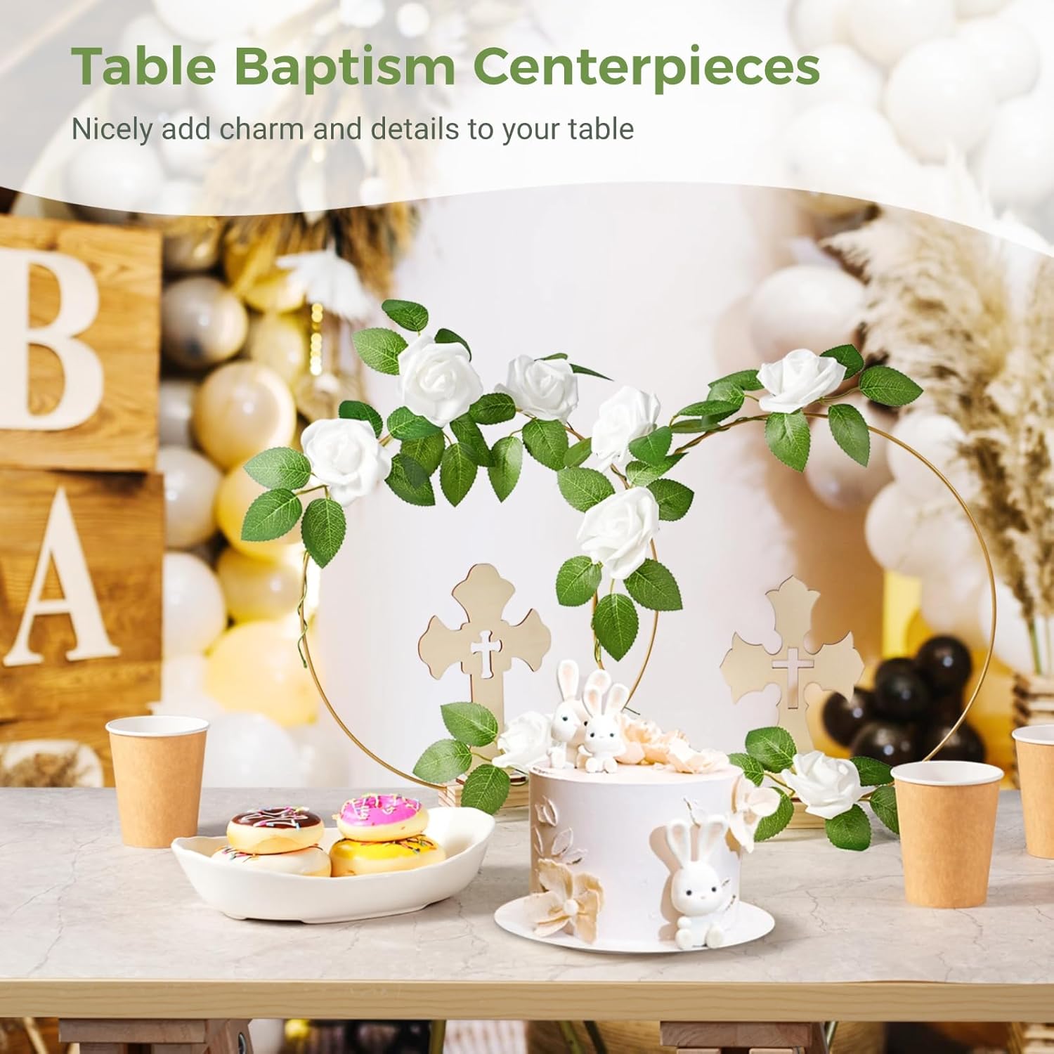 48 Pcs Baptism Centerpieces for Tables - Baptism Table Decorations - 12 Wood Crosses, 12 Metal Floral Hoops with Stands, and 24 Foam Roses - Garland Strands Kit for Baptism Party, Wedding Decor