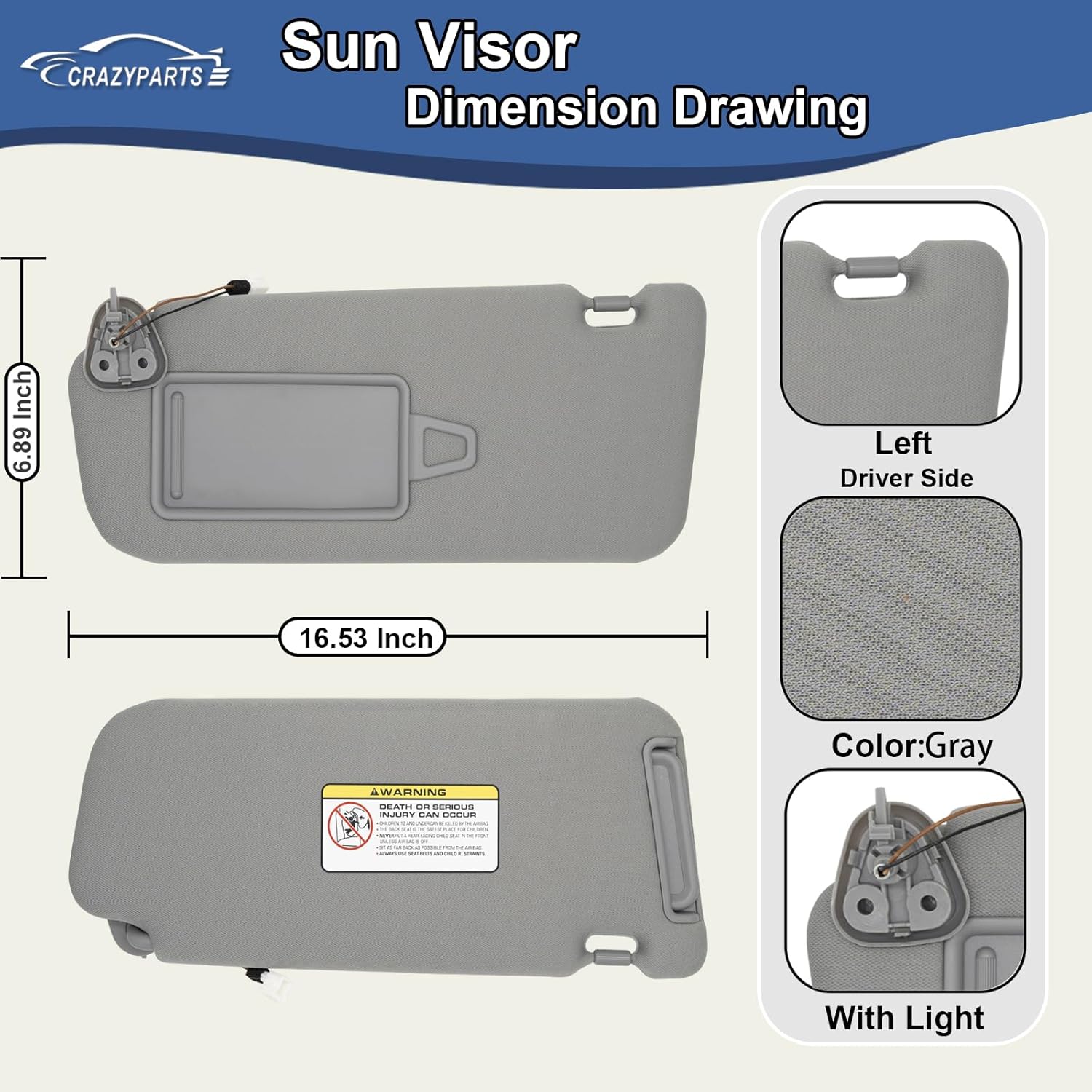 Driver Side Sun Visor Compatible with Hyundai Santa Fe 2006-2012 Sun Shade with Light Replacement 852100W610J4 Color Gray