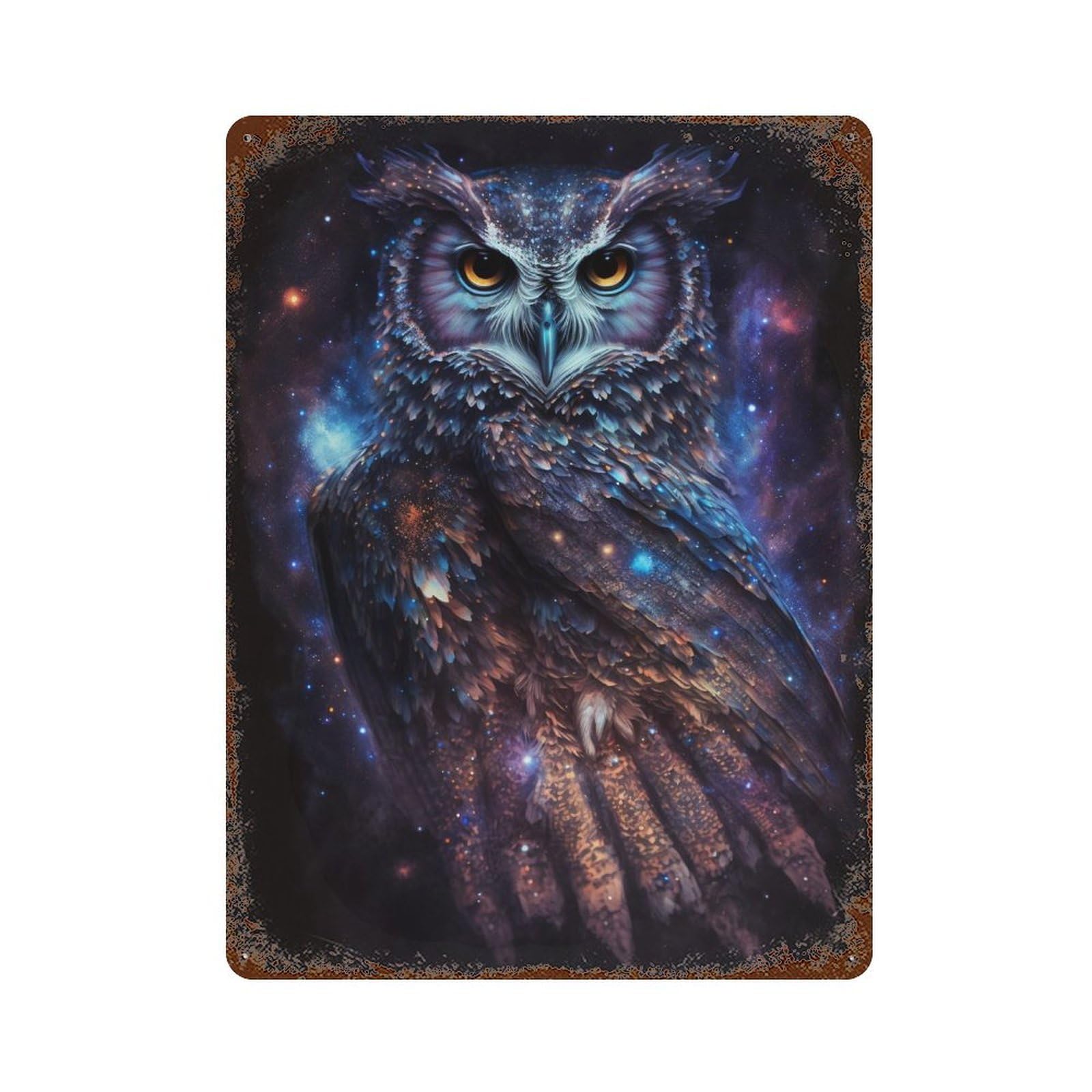 Rust Effect Cosmic Owl Art Print-6 Weathered Tin Sign 15.7"x11.8", Retro Wall Decor for Garage, Bar And Workshop Decor
