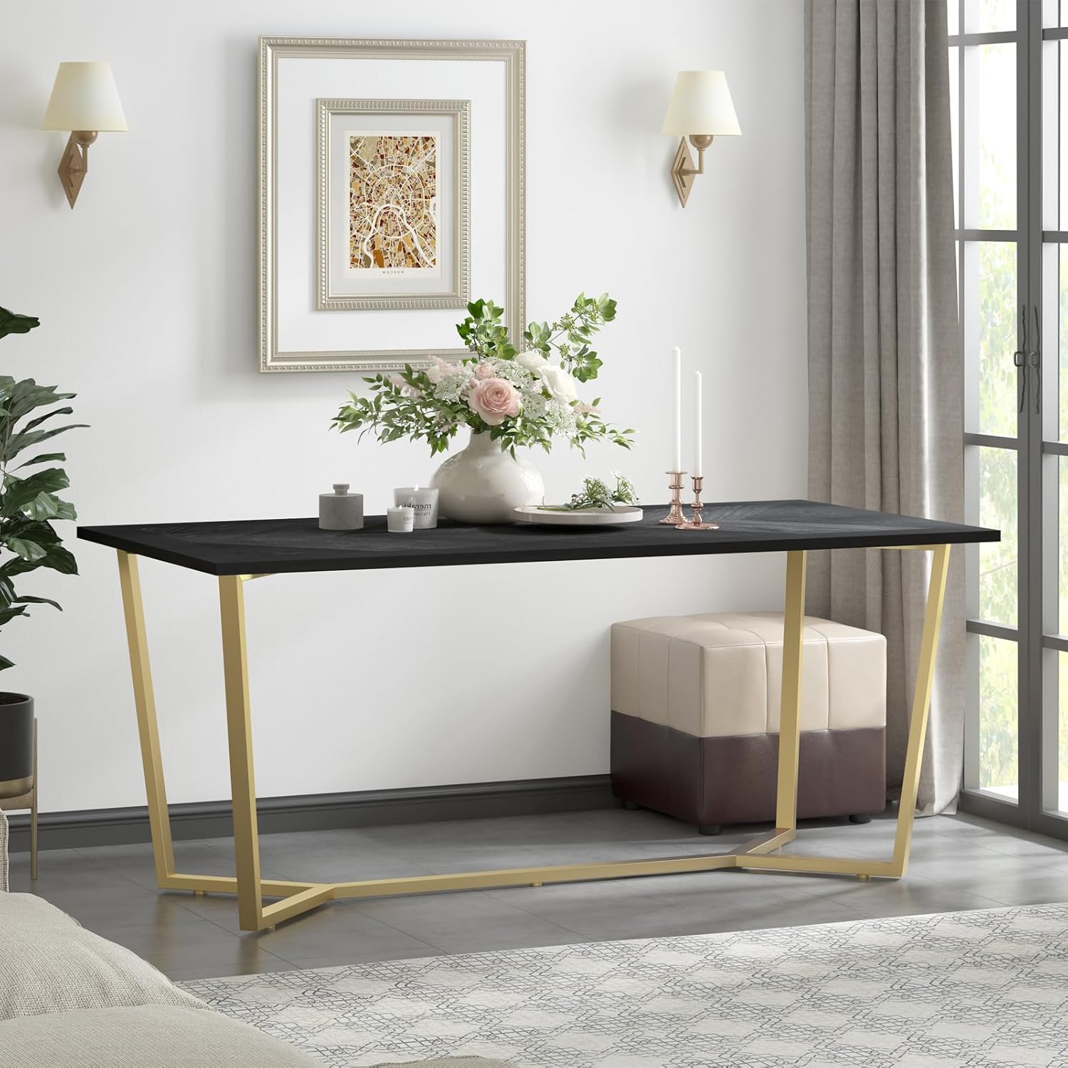 Merryluk Herringbone Dining Table with Metallic Legs,175CM Modern Rectangular Kitchen Table for ...