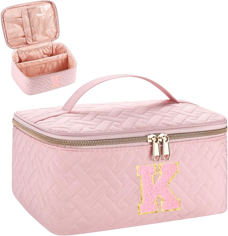 Necessaire de maquiagem JRQCSJY com inicial K, rosa, zíper e alça