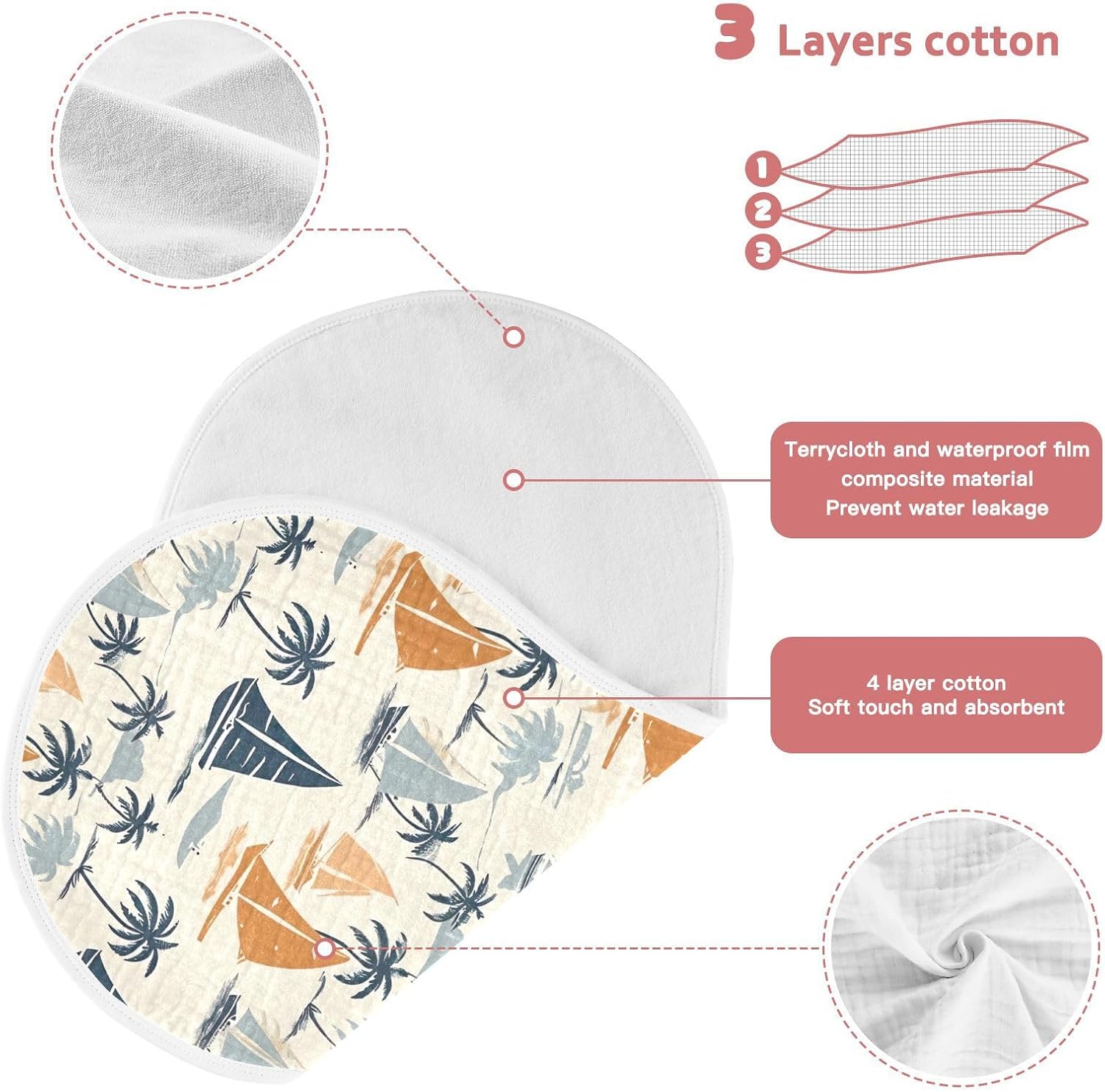 Sailing Coconut Tree Muslin Baby Burp Cloths Feeding Cloths Face Towel Soft and Absorbent Bibs for Newborn Boys Girl- 4 Pack