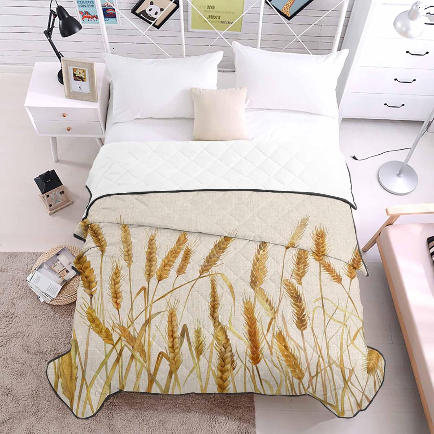 T&H XHome Quilt Oversized Queen Luxury Quilted Comforter Bedspread-Thin Soft Cozy, Autumn Wheat and Linen Plant Patterns Reversible Stitched Lightweight Quilt Coverlet for All Season