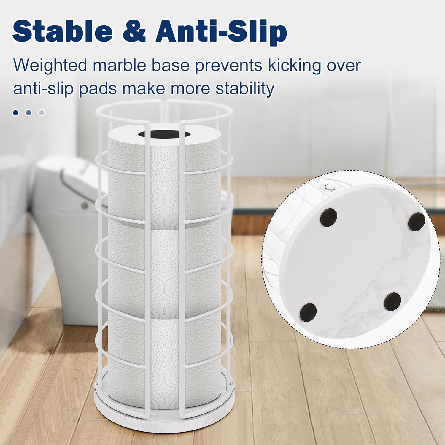 NearMoon Toilet Paper Organizer Stand, Free Standing 3 Rolls Tissue Storage, Metal Bathroom Accessory, Rustproof Toilet Roll Holder for Kitchen Countertop Inside Cabinet Shelf(Marble Base, White)