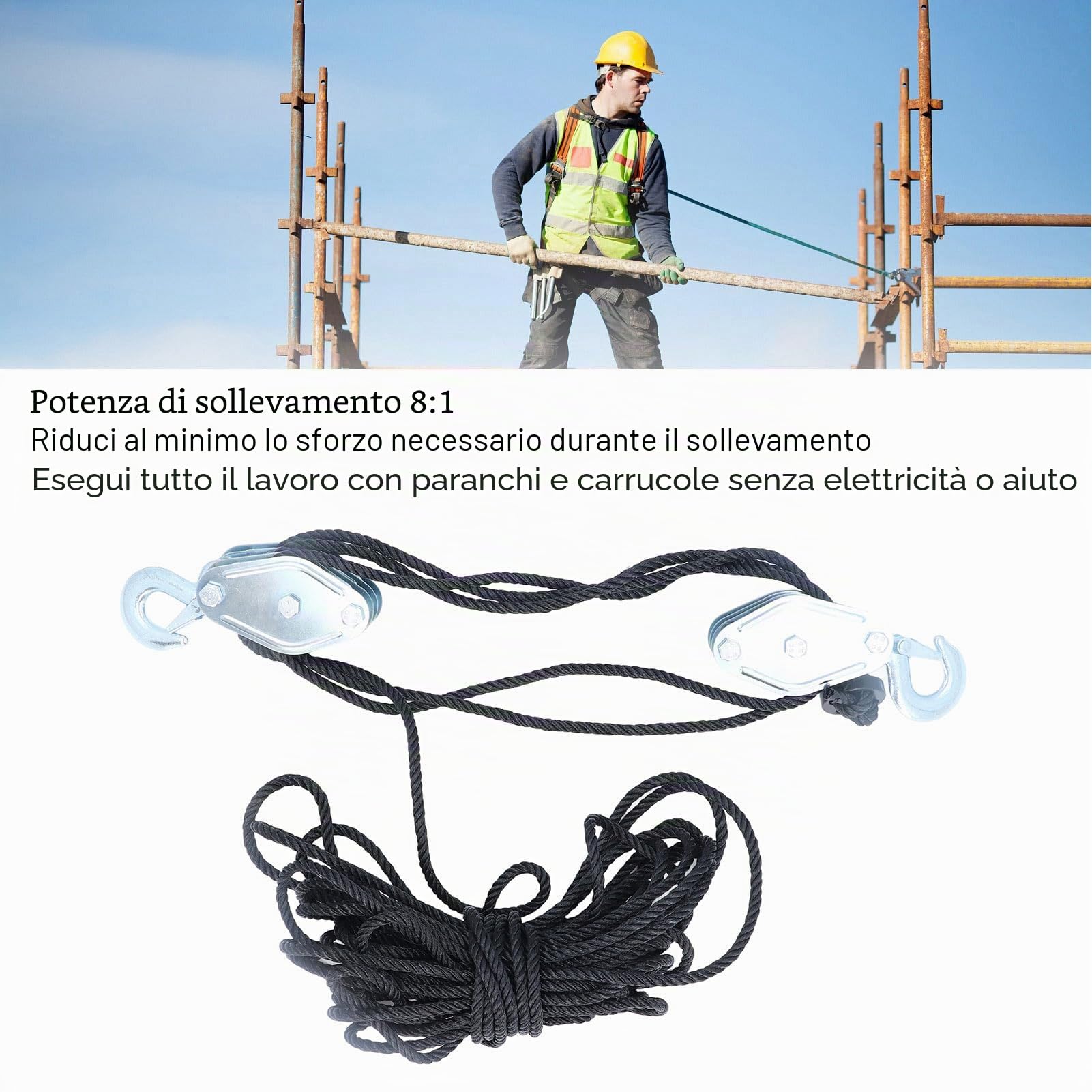 di Pulegge per Paranco a Fune per Impieghi Gravosi 4400 Libbre,di Pulegge di Sollevamento 8:1 con Struttura in Acciaio Legato, Paranco a Puleggia per Atleti, Persone Disabili