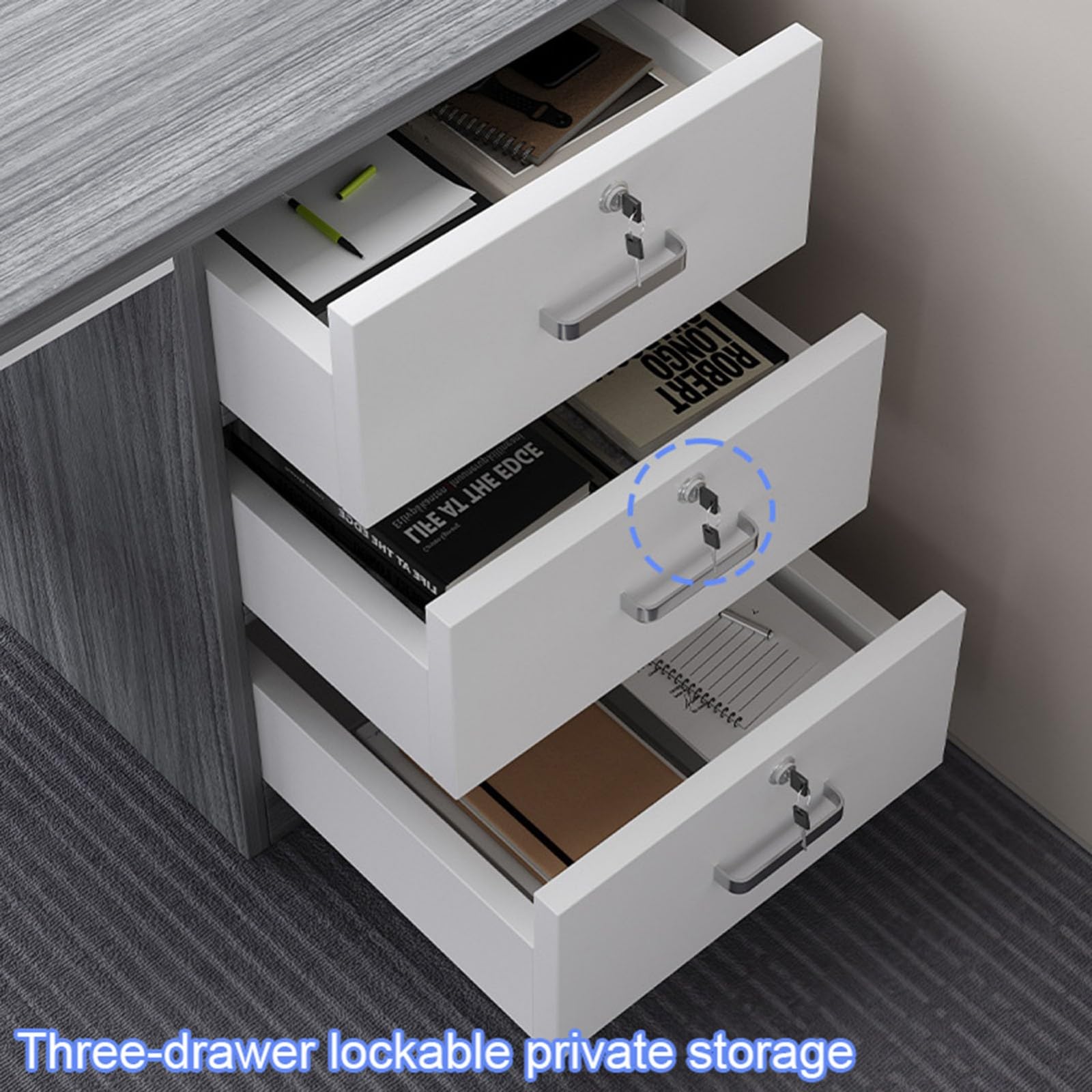 Scrivania Ufficio con 3 Cassetti con Serratura,Scrivania per Computer Moderna e Funzionale con Ripiano Inferiore Portaoggetti,Foro Passacavi e Struttura Metallica,per Casa e Studio C,140CM