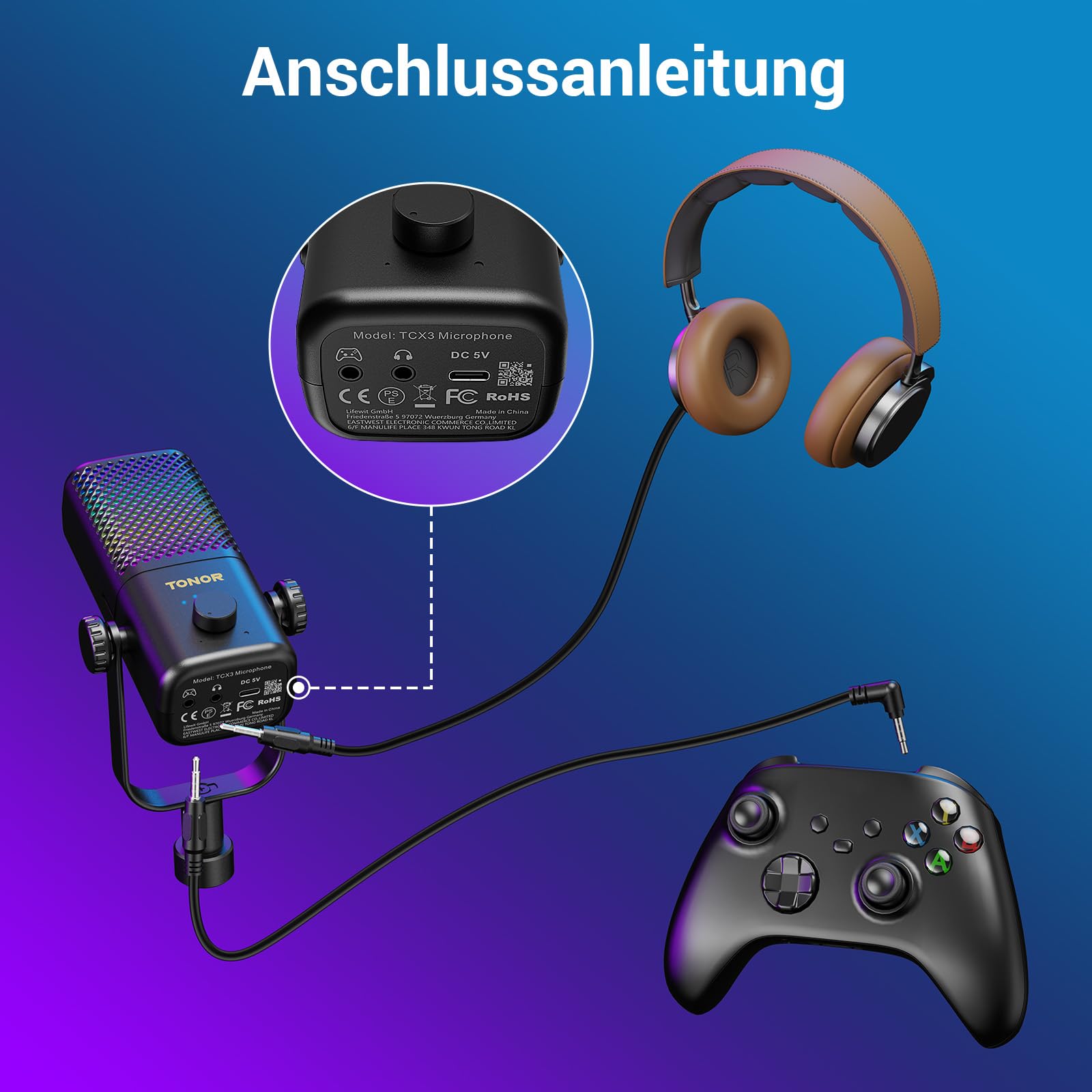TONOR Gaming Mikrofon Kompatibel mit Xbox, Kondensator Mikrofon mit RGB, Mute/Gain Kontrolle/Überwachung, 30 Std. Akkulaufzeit Microphone für Spielkonsole, 200 cm Kabel, Mikrofonarm, Weiß, TCX3+