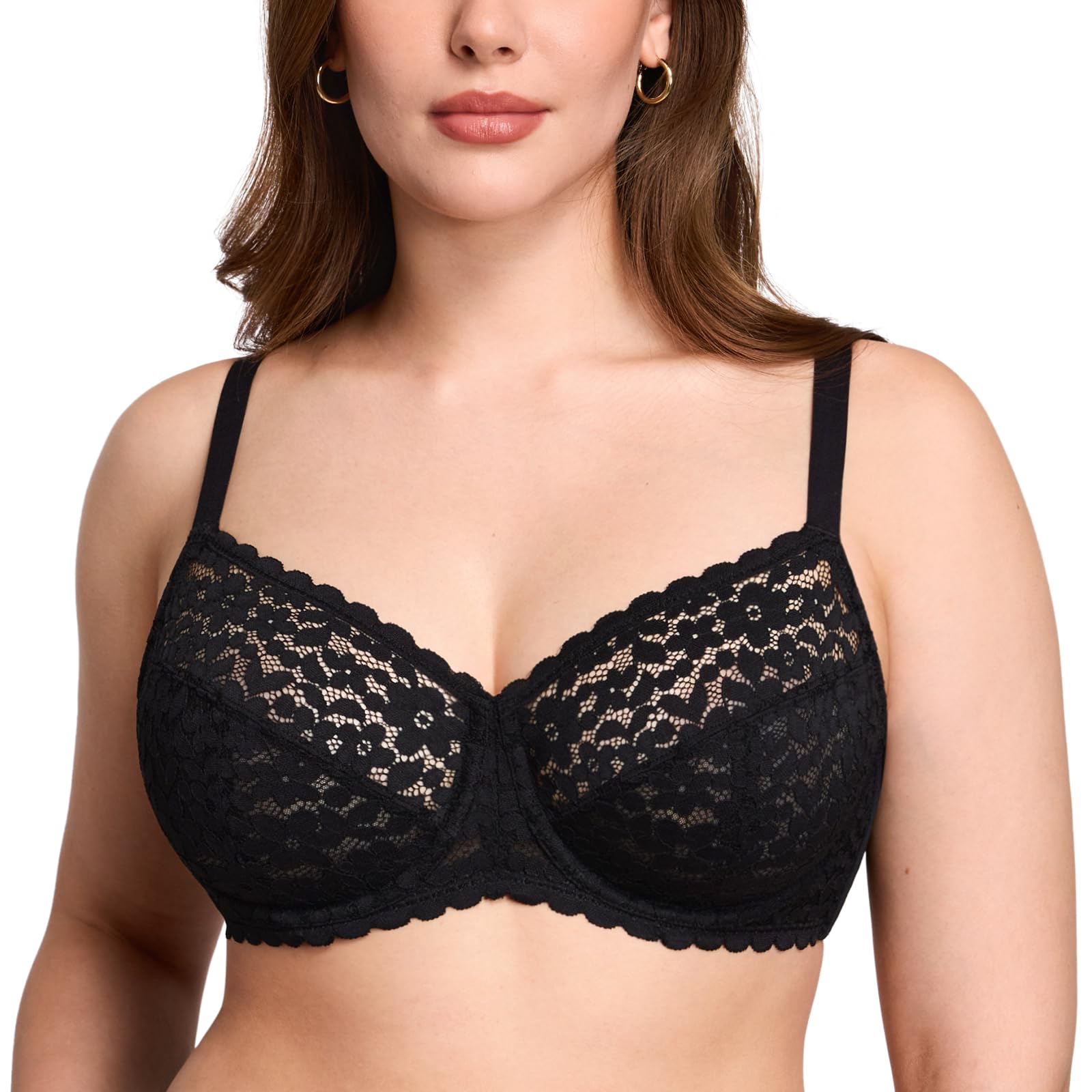 Dobreva Women's Black Full Coverage Bra Lace Unlined Underwire Plus Size Minimiser Bra 38Dd