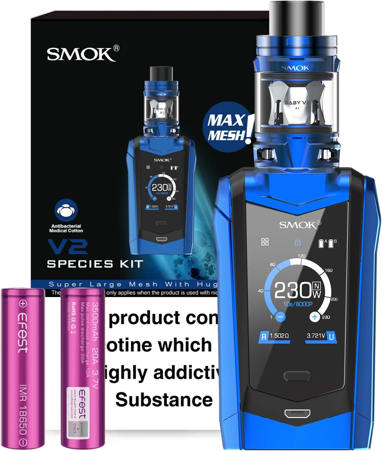 Electronic Cigarette，Authentic Smok 230W Species Kit with Touch Screen, TPD Tank and Rechargeable Efest 3000mah Batteries, No Nicotine, No Liquid (Blue)