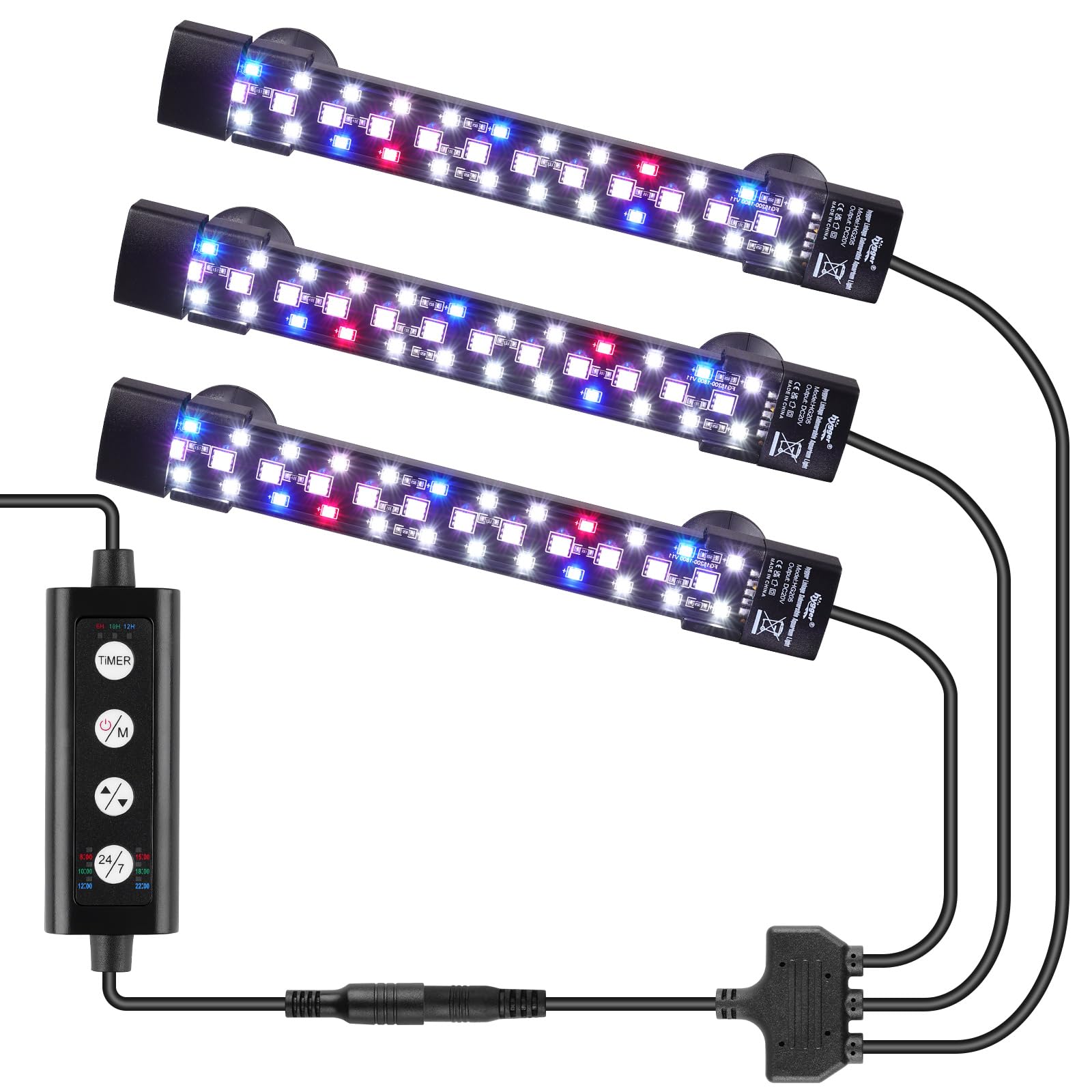 hygger Three Canali Luce LED Sommergibile per Acquario, 18W Illuminazione per Acquario, LED Aquarium Llight con 3 File di Perline, 7 Colori, Luminosità Regolabile for 60-180L Aquariums(3)