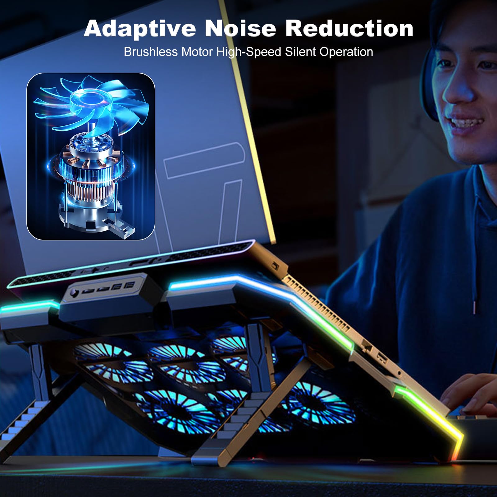 RGB Silent Cooling Pad 2 porty USB, przenośny wentylator do laptopów do gier, antypoślizgowy, regulowany kąt, uchwyt na laptopa, akcesoria komputerowe