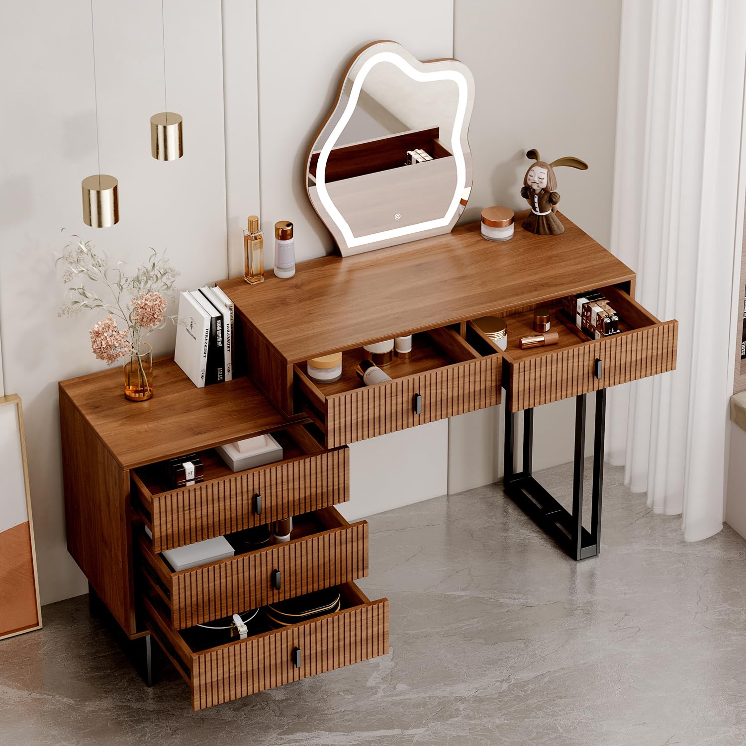 Ieejdn Brown Vanity Desk with Mirror and Lights,Small Makeup Vanity with 5 Drawers?Modern Makeup Table with Adjustable Cabinet for Bedroom,Makeup Room