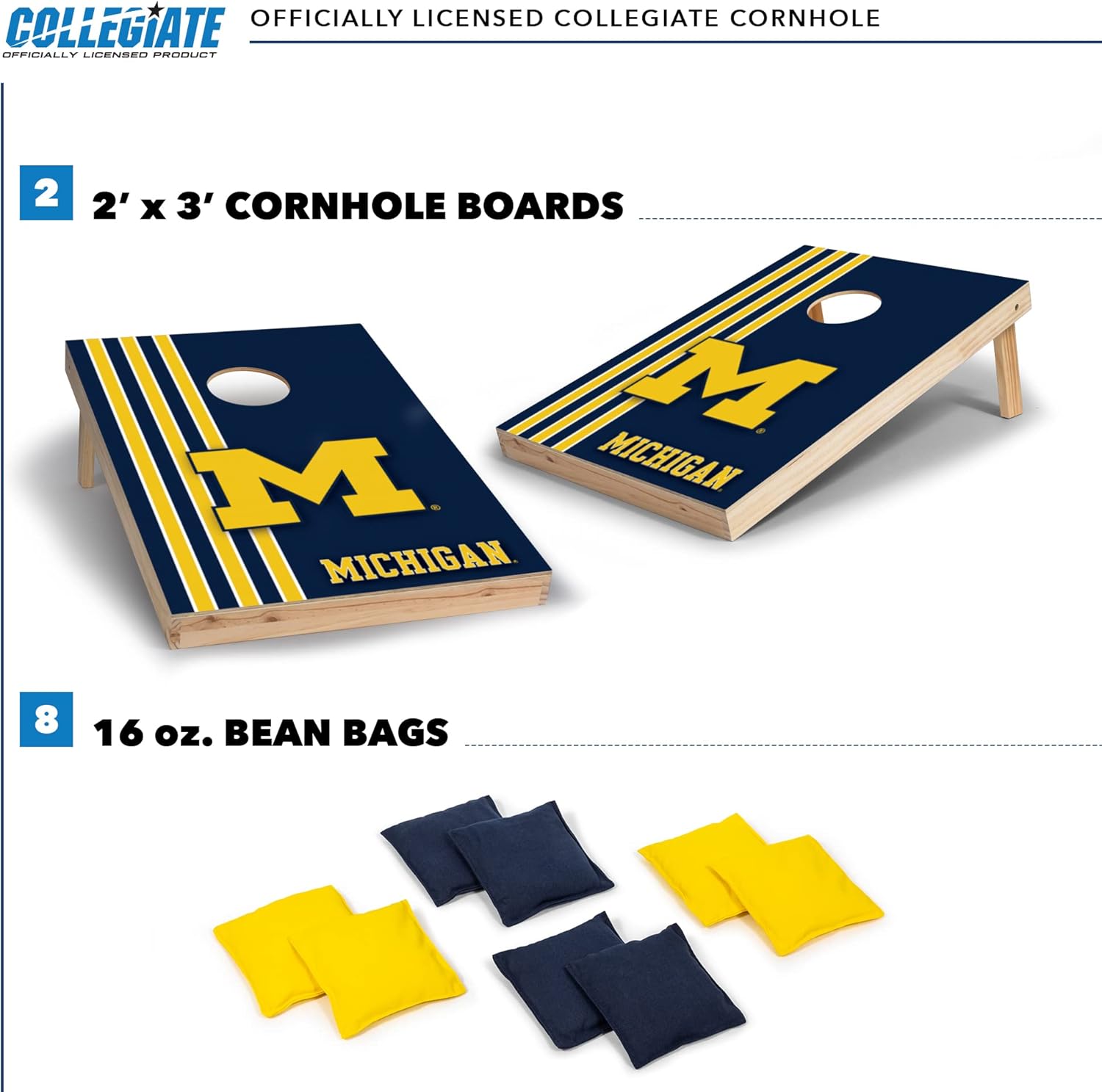 Wild Sports 2' x 3' Solid Wood Cornhole Set with Direct Print HD Team Graphics – Great Gift for Any NCAA Fan! Bean Bag Toss Family Outdoor Games – Michigan Wolverines