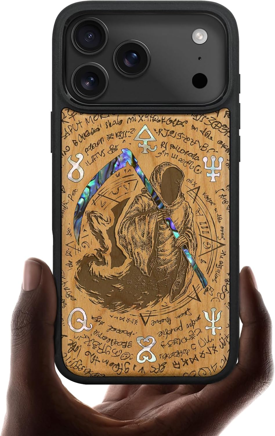Carveit Magnetic Case for iPhone 17 Pro Case, Wood Artisan Engraved & Handmade Shell Inlaid, TPU Shockproof Cover, Compatible with MagSafe Wireless Chargers (The Grim Reaper of Carved-Cherry)