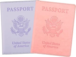 Passport Holder, Passport Cover, Passport Holder for Women, 2 Pack Passport Wallet, Leather Passport Case, Passport Protector Essentials Women Men Family Travel Must Haves, Light Purple+Pink