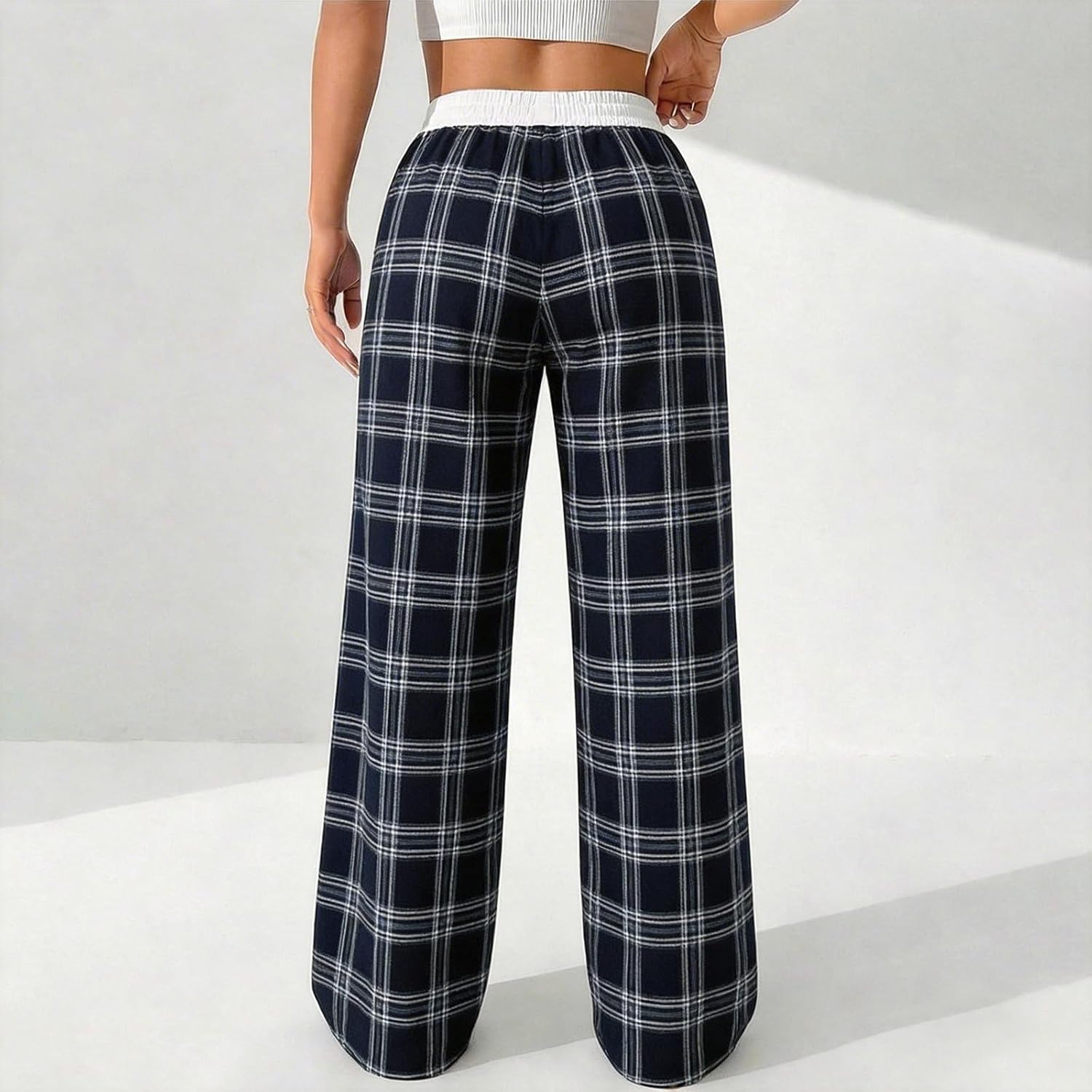 Gingham Pants Women Plus Size Wide Leg Elastic Waist Striped Palazzo Trousers Lounge Plaid Sweat Pant with Pockets