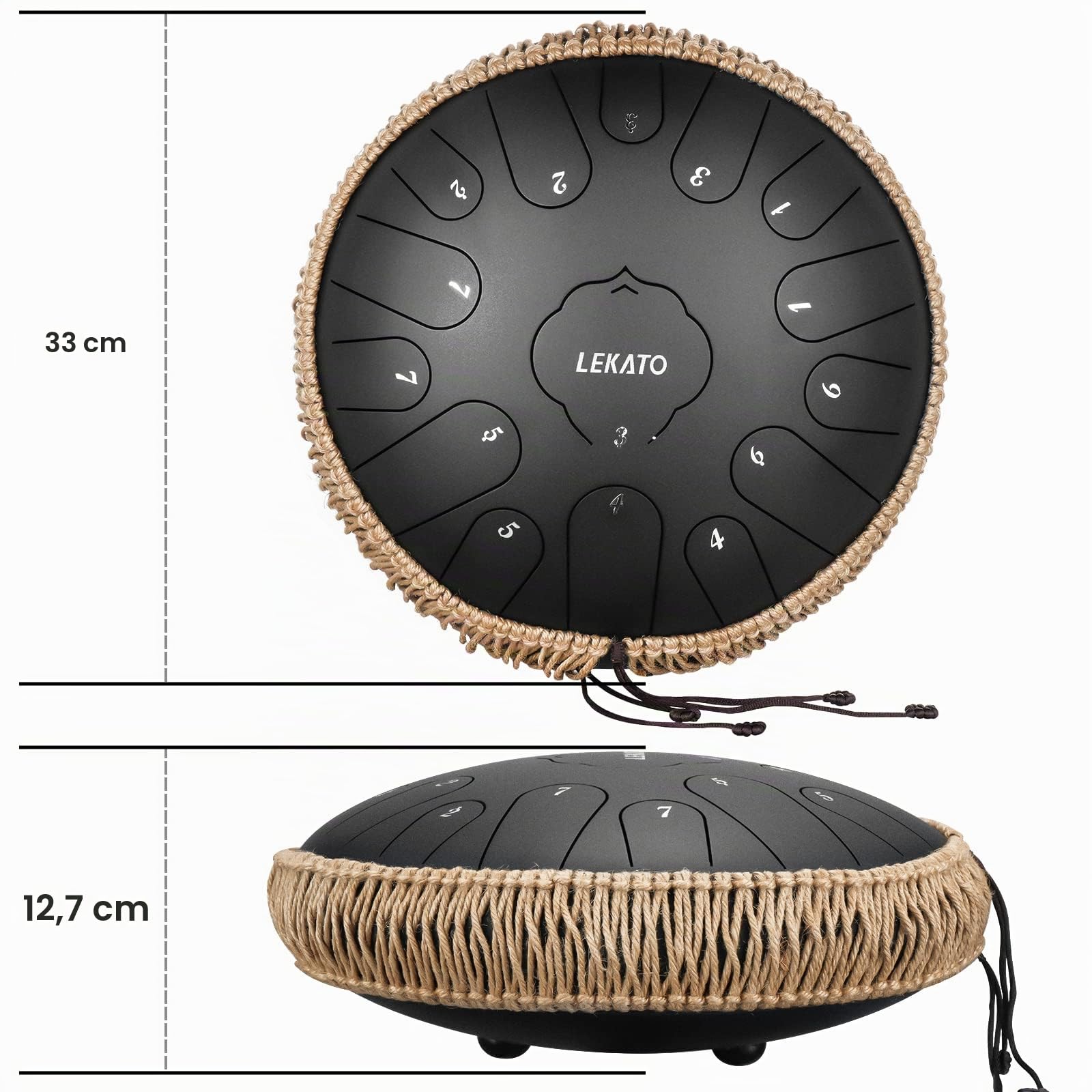 LEKATO Steel Tongue Drum, Tambour Handpan à 13 Pouces 15 Tons en C, Tambour à Langue de Grande Taille, Instrument de Percussion pour la Méditation, le Yoga, l'Education Musicale, Noir